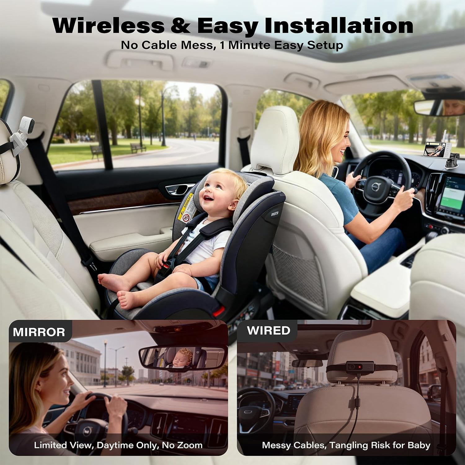 A2C Wireless Baby Car Monitor, Battery-Powered Baby Car Camera for Backseat & Home, 5" HD 1080P Auto/Manual Night Vision Screen with 7-Hour Battery, Rear Facing Carseat Camera for Newborns, Kids, Pets