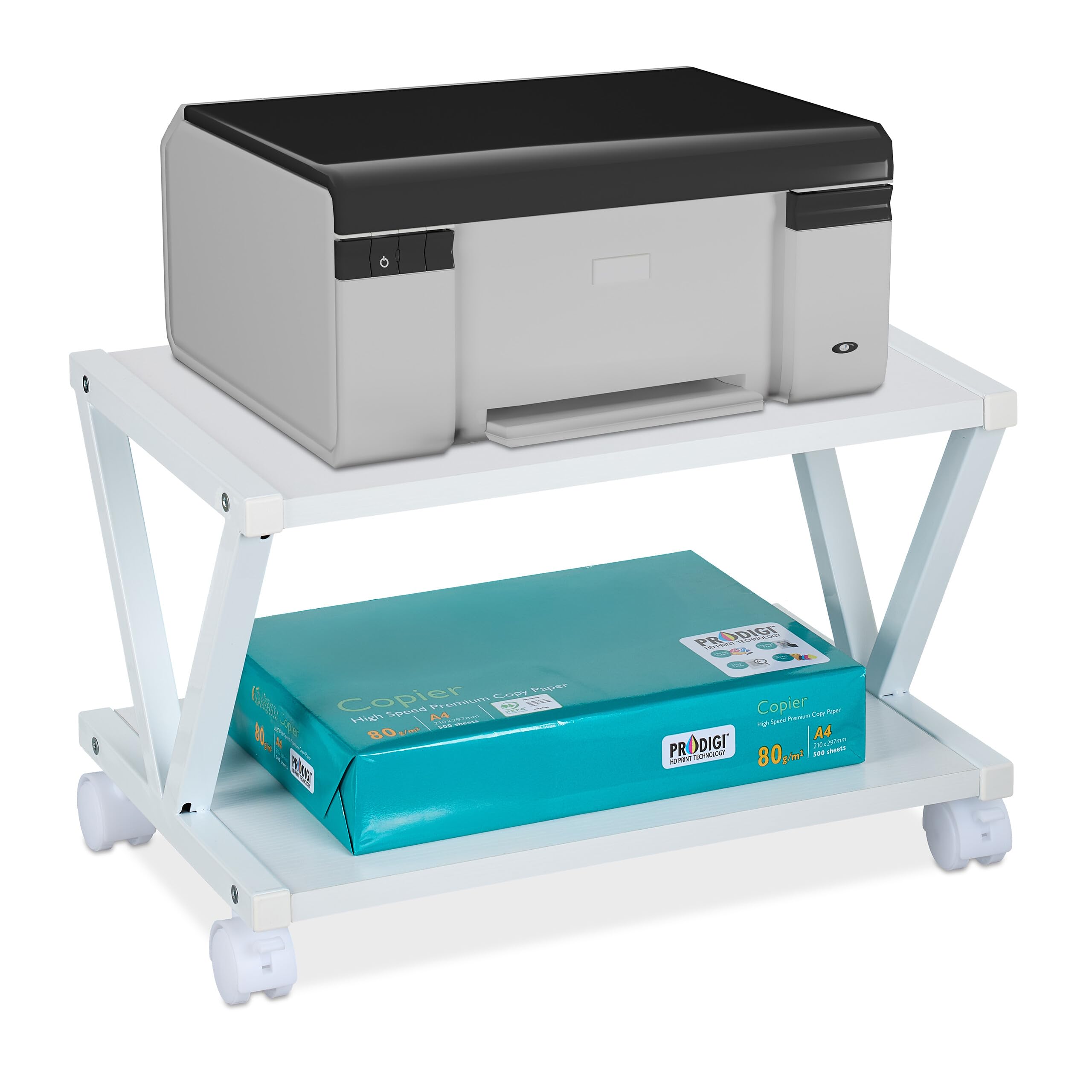 Relaxdays Porta Stampante da Scrivania, Supporto Organizer 2 Ripiani su Ruote, Portadocumenti, HLP 28x44x28,​5 cm, Bianco