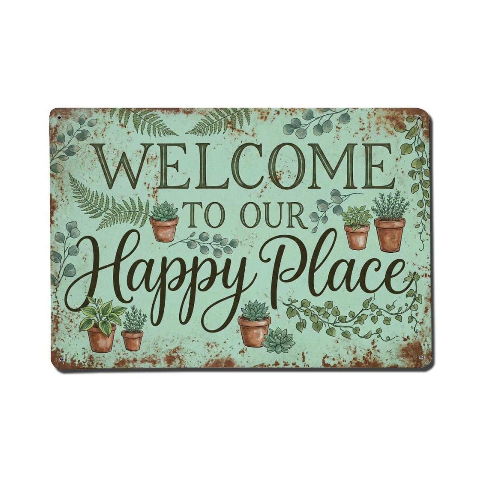 Welcome To Our Happy Place Greenhouse Garden Vintage Metal Tin Sign Plaque Wall Decor for Cafe, Club, Garden Metal Poster 8x12Inch