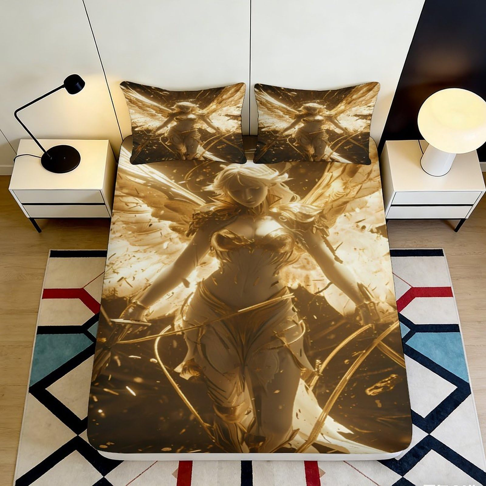 3D Printed Angelic Warrior Fitted Sheet Microfiber Soft Gold Fantasy Bed Cover for Bedroom Dorm Mattress Decor 90x200x25cm