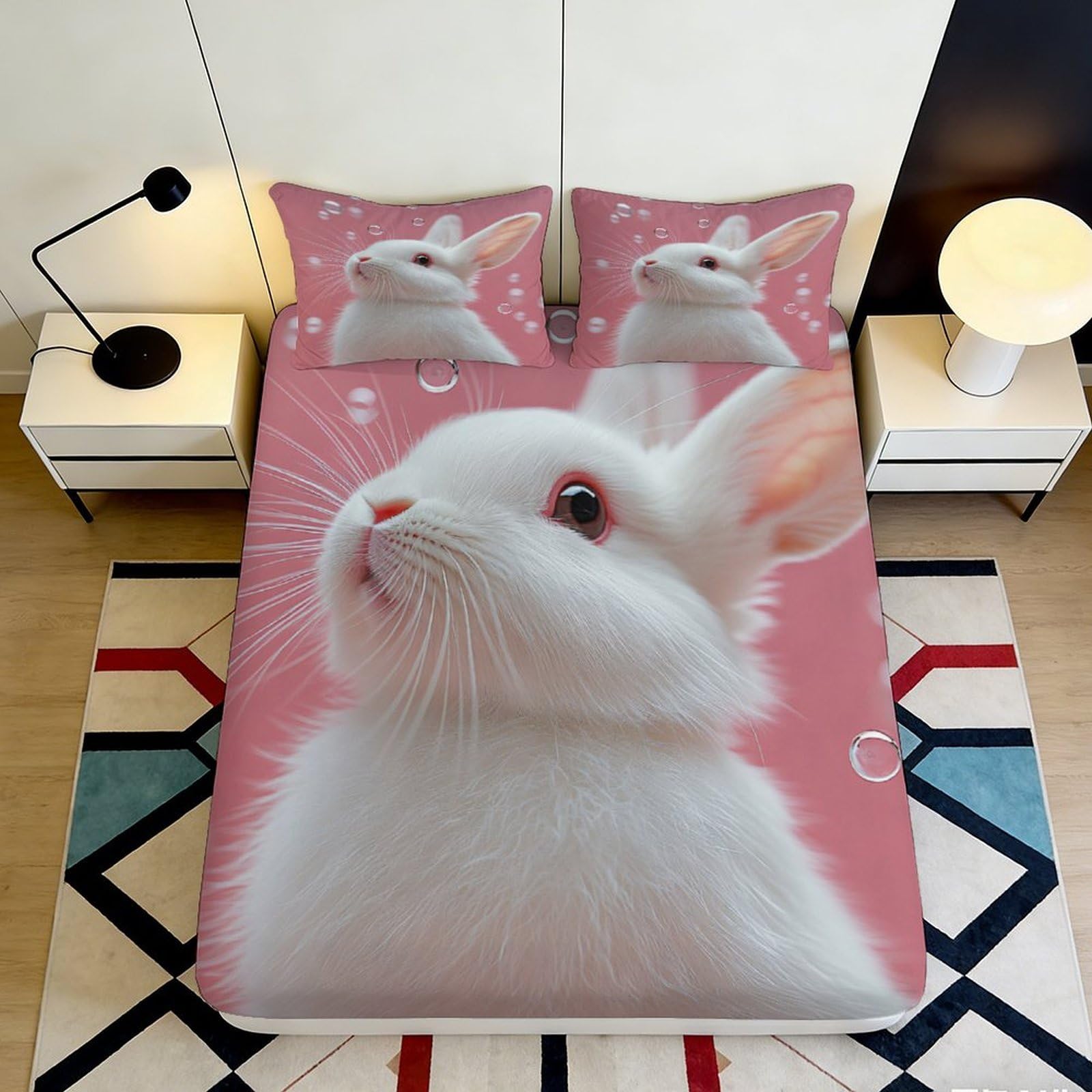 3D Printed White Rabbit Fitted Sheet Microfiber Soft Pink Bunny Bed Cover for Bedroom Guest Room Dorm Mattress Decor 90x200x25cm