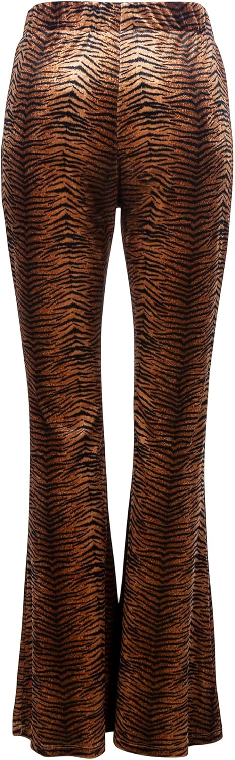 Pretty Attitude Women’s Tiger Print Velvet Bell Bottom Pants – High Waisted Flare Pants
