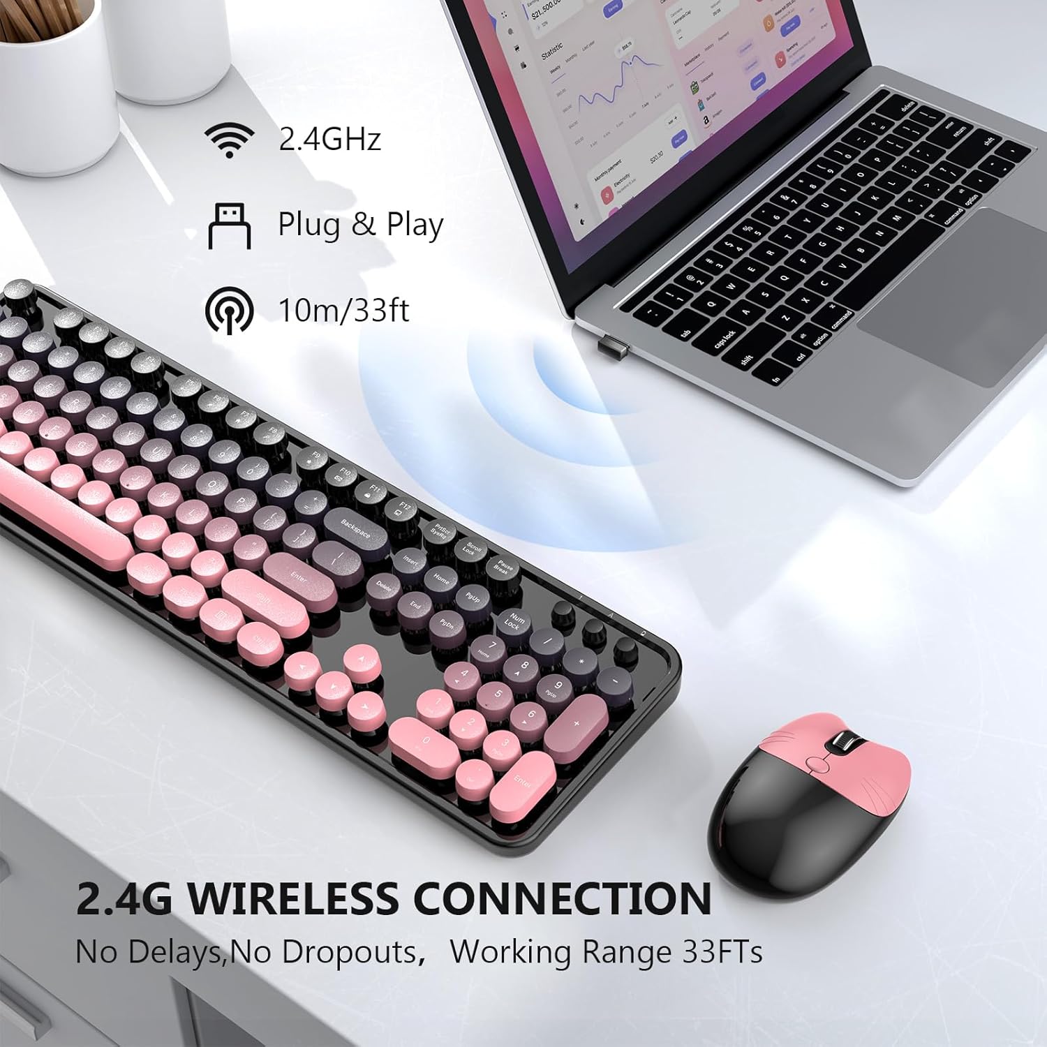 MOFII Wireless Keyboard and Mouse Combo, 2.4 GHz Full-Size Retro Round Keyboard and Mouse, Plug and Play, 8 Multimedia & Shortcut Keys for Mac, Windows, Laptop/Desktop/PC - Pink Gradient