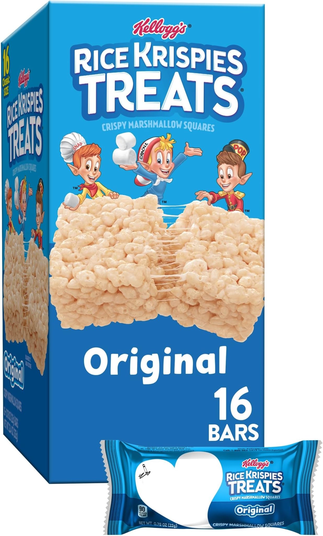 Rice Krispies Treats Crispy Marshmallow Squares, Kids Snack Box, Cereal Bars, Original (16 Bars)