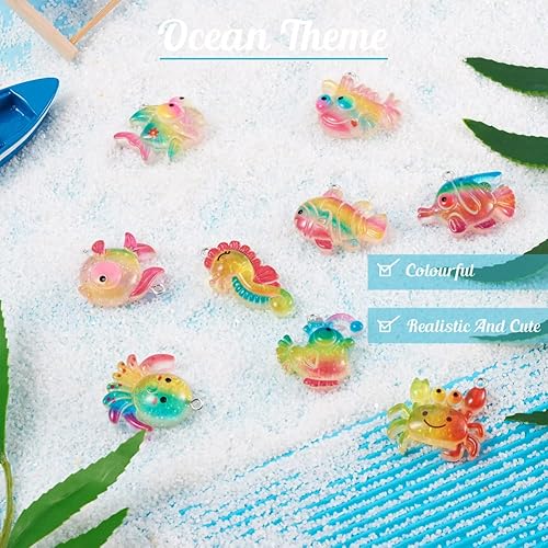 Miniatura 5 de Mega Pet 36 dijes de resina con temática oceánica, peces de resina, pulpo, caballo de mar, cangrejo, colgantes con purpurina en polvo, animales