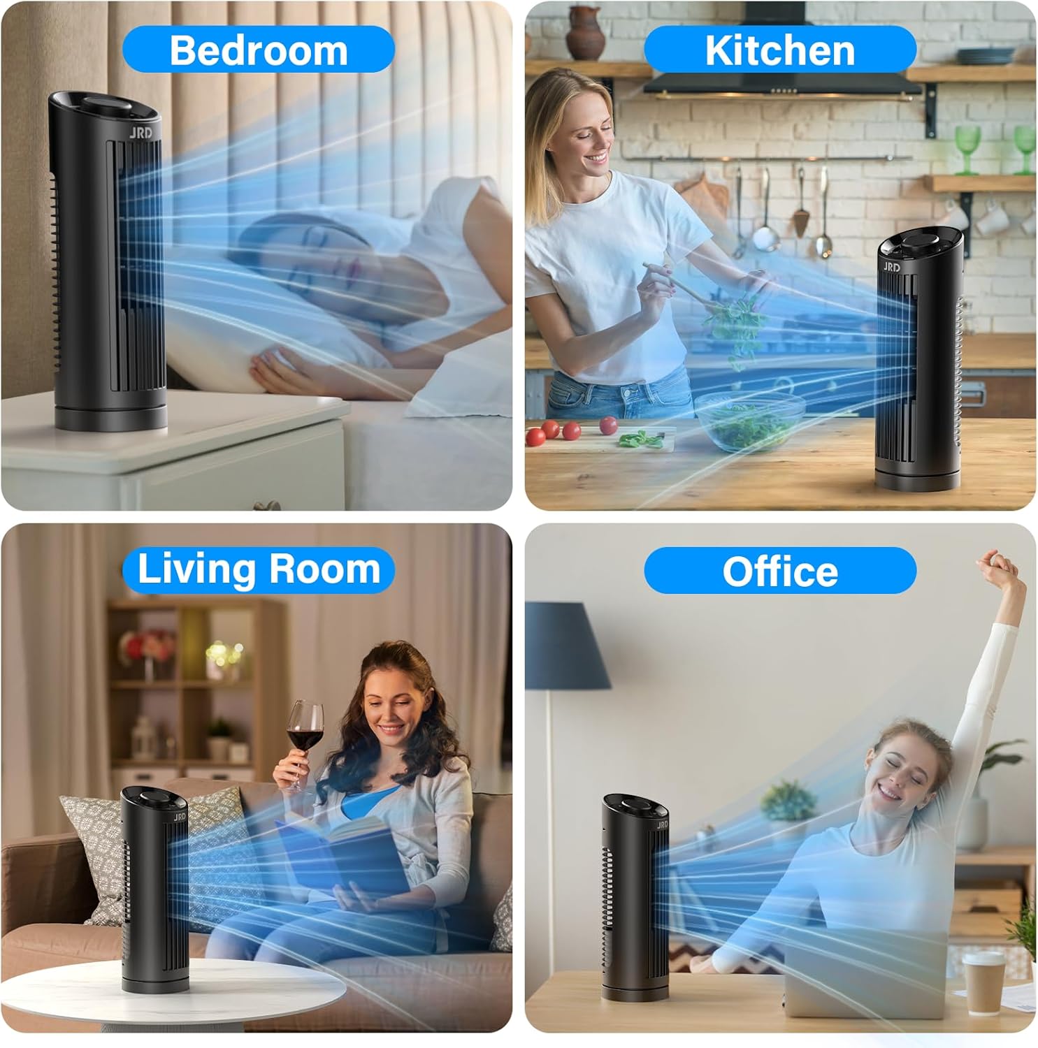 JRD 13" Tower Fan for Bedroom, 23ft/s Bladeless Desk Fan with 3 Speeds, 80 Degree Oscillating, Quiet Operation, Compact & Portable Table Fan for Bedroom Home Office Desktop