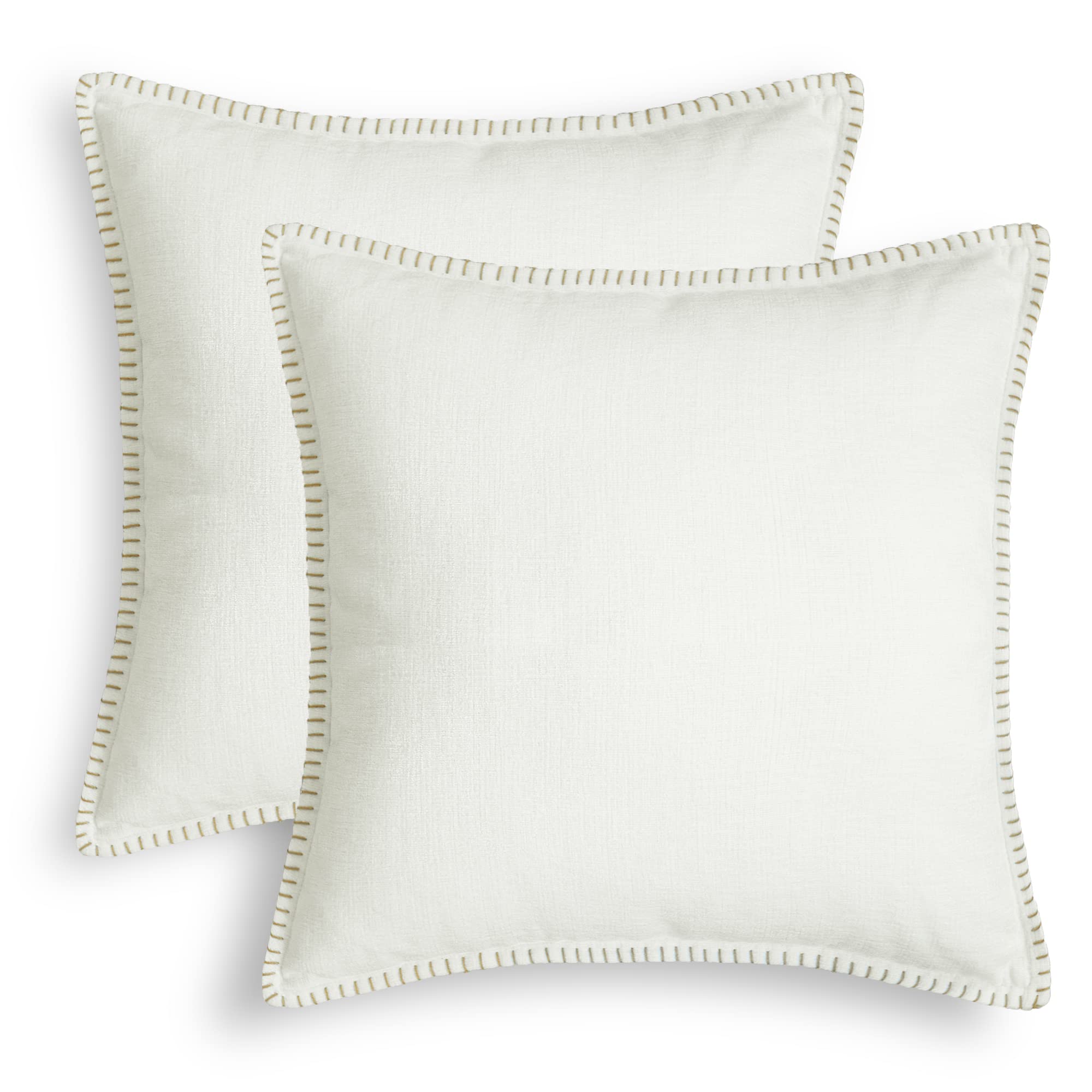Throw Pillow Cases CaliTime Pack of 2 Cotton Thread Stitching Edges Solid Dyed Soft Chenille Cushion Covers for Couch Sofa Home Farmhouse Decoration 20 X 20 Inches Cream