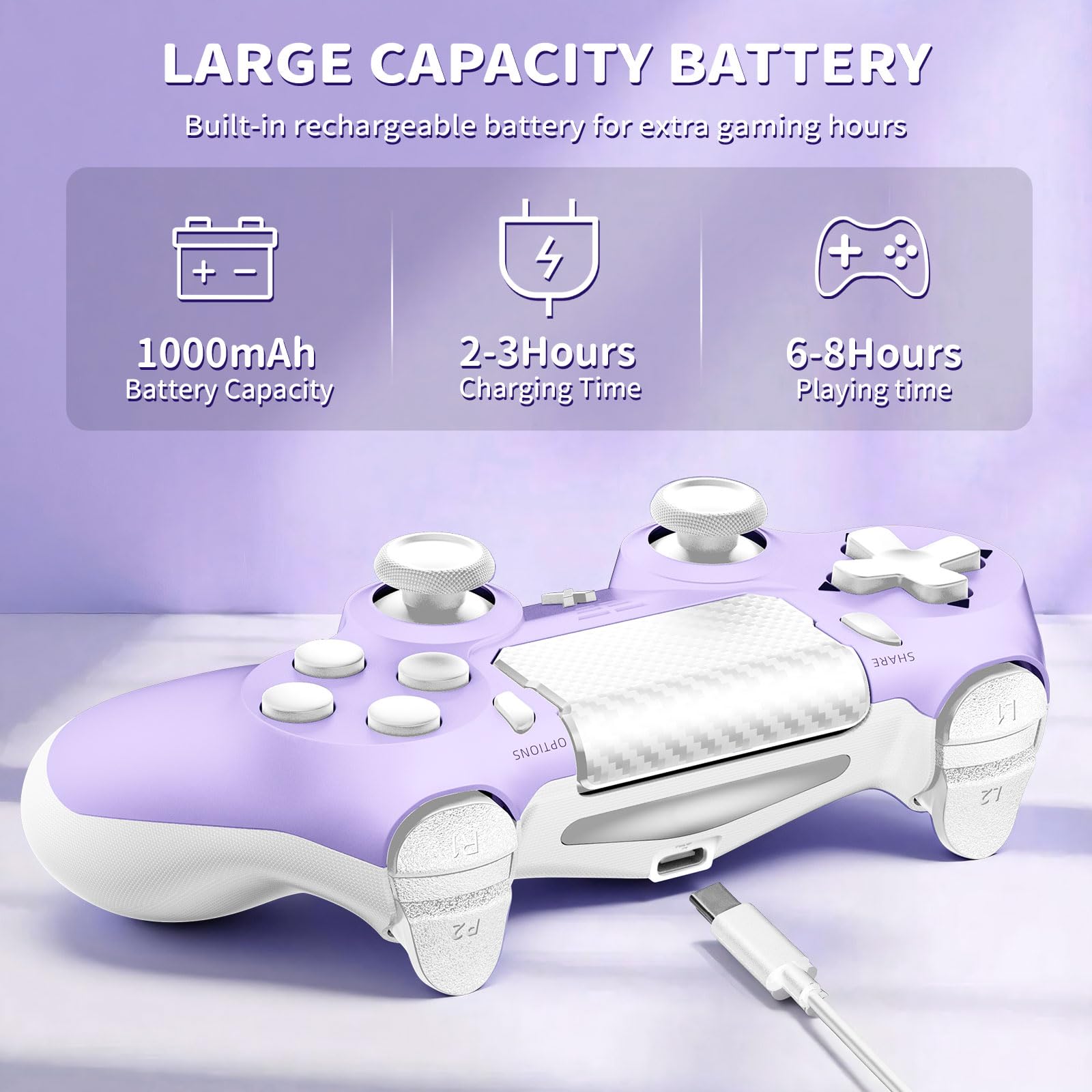 Suoxiom Wireless Controller for P4, Game Controller for P4/Slim/Pro/PC, Bluetooth Gamepad Joystick with Vibration Touch Panel, Upgraded Six-Axis Sensor, 3.5mm Audio Jack (Light Purple) - 4