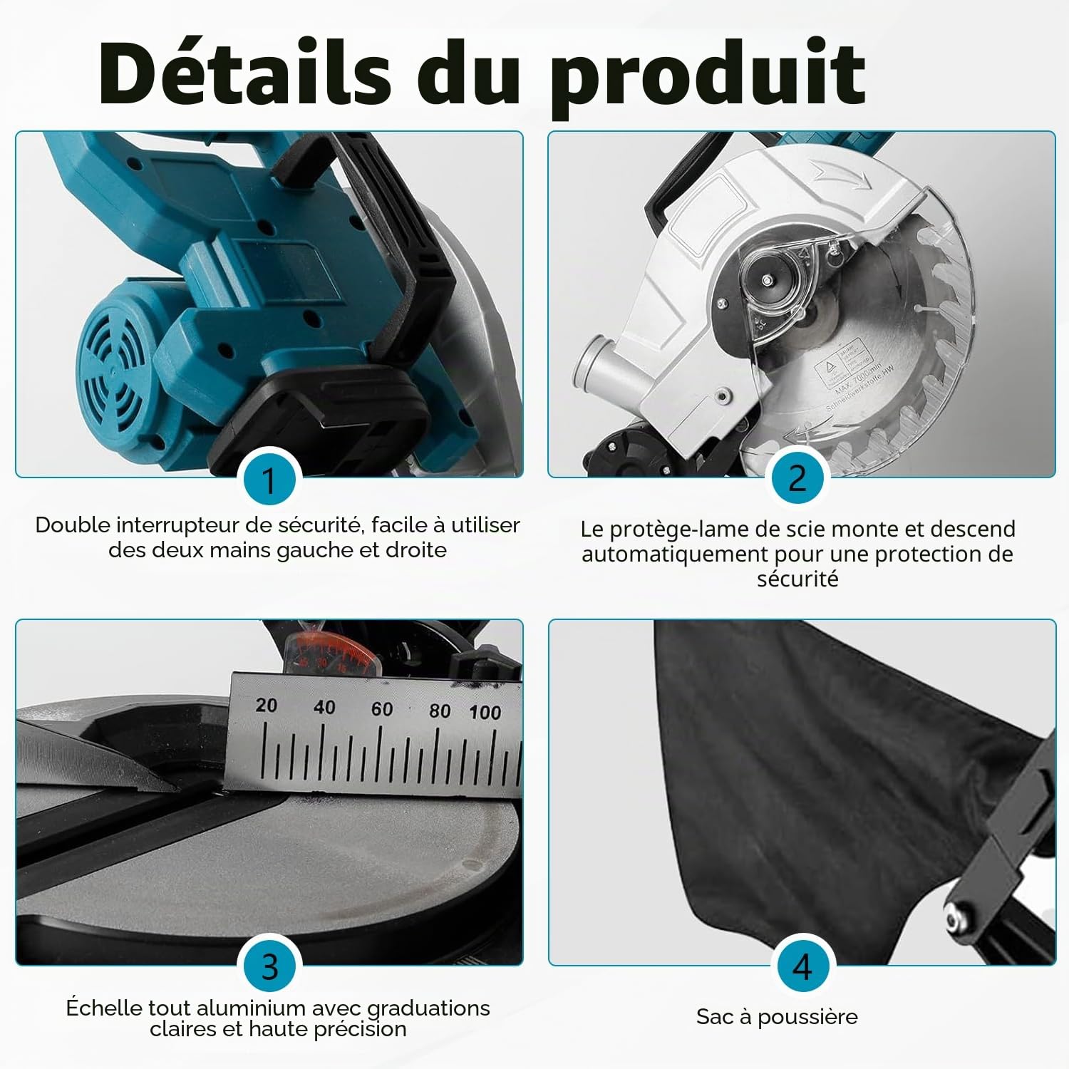 Scie à Onglet Coulissante pour Makita Batterie, Scie à Onglet Sans Fil Professionnelle, Plateau de Table en Aluminium Moulé Sous Pression, Coupe Biseautée de 0 à 45°, Lame de Scie Ø210mm