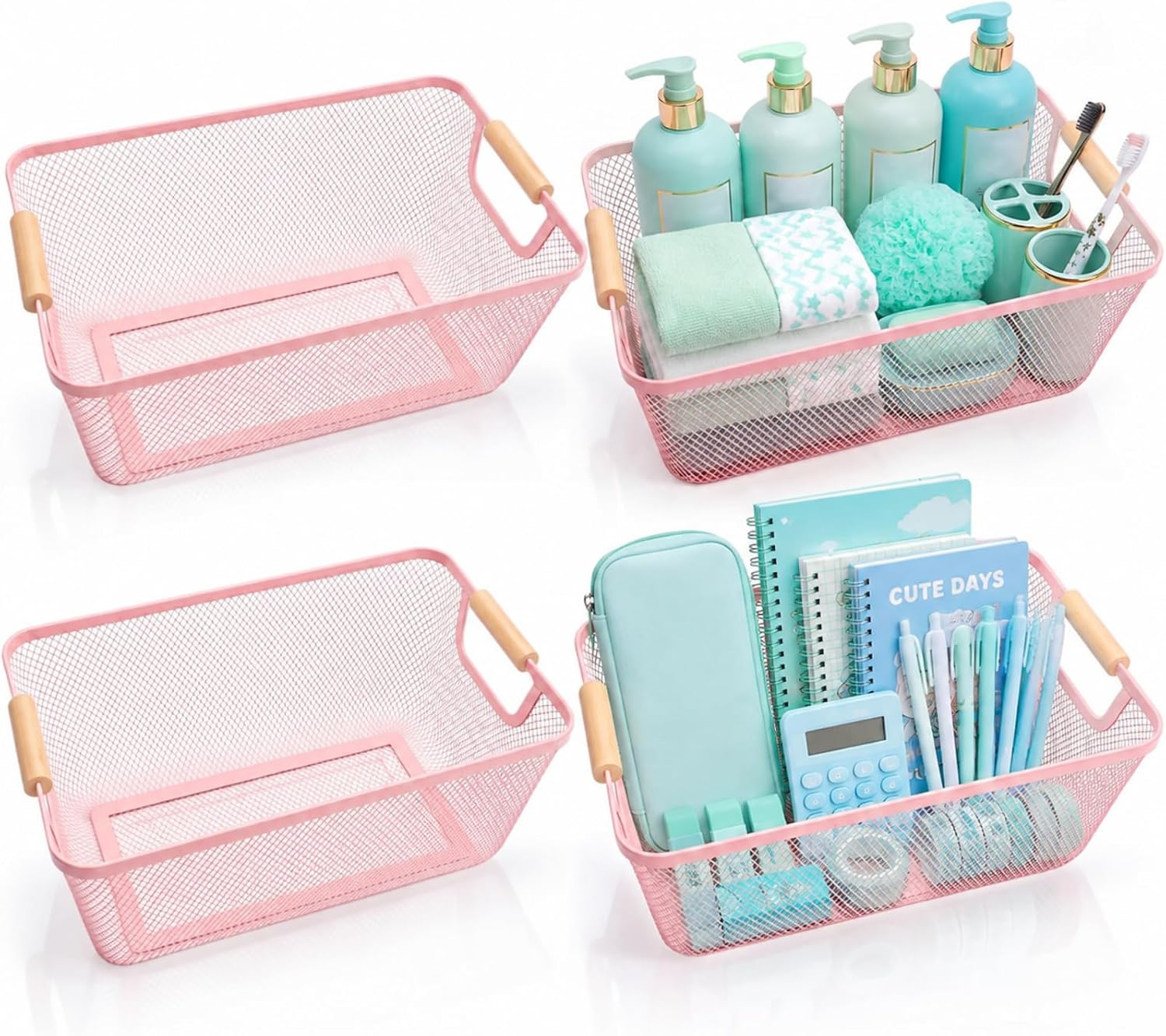 Gold 4 Pcs Large Metal Wire Basket with Wooden Handles | Gold Mesh Steel Storage Organizer, Bin Bathroom Containers, Home Closet Basket, Makeup Basket, Living Room Laundry Table Gift