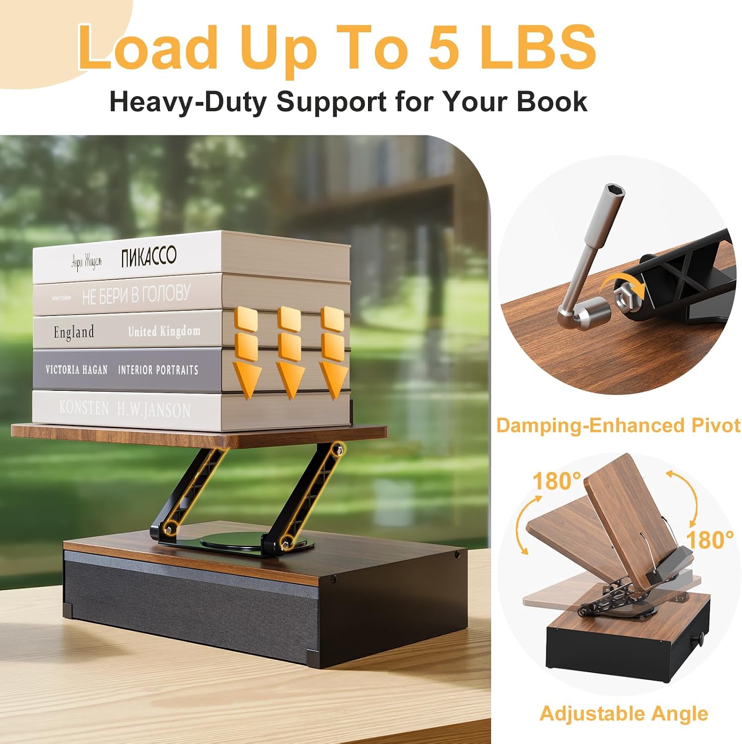 Book Stand for Reading with Storage Drawer, 360°Rotating Book Holders for Reading Hands Free, Adjustable Angle Book Holder for Cookbook/Recipe/Laptop, Foldable Cookbook Stand Holder for Kitchen