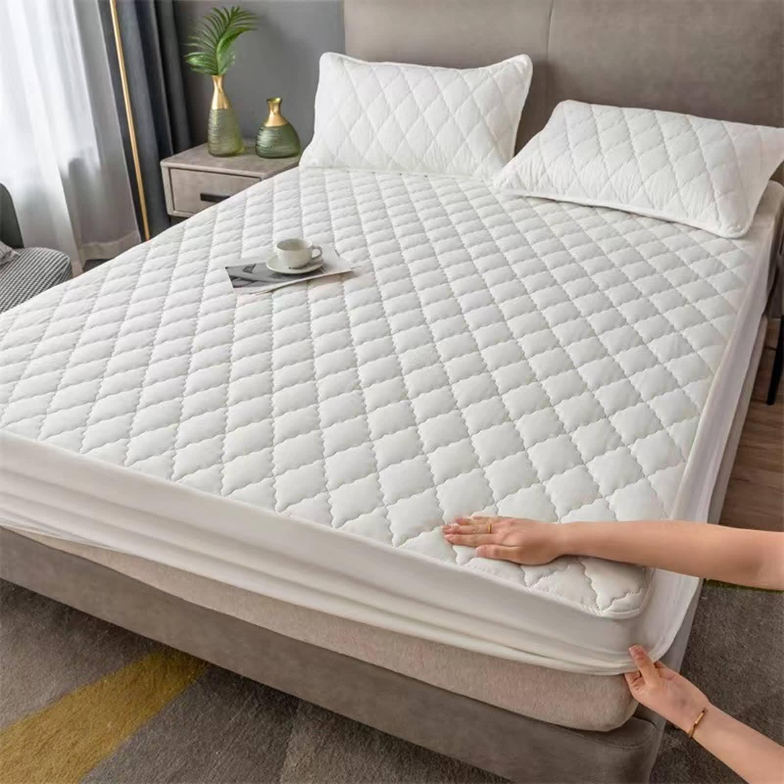 3-teilig Set Spannbettlaken Polyester Baumwolle Hotel Elastisch, Einfarbig mit Rautenmuster, 120 x 200 cm + 2 Kissenbezüge, Spannbetttuch Weiß