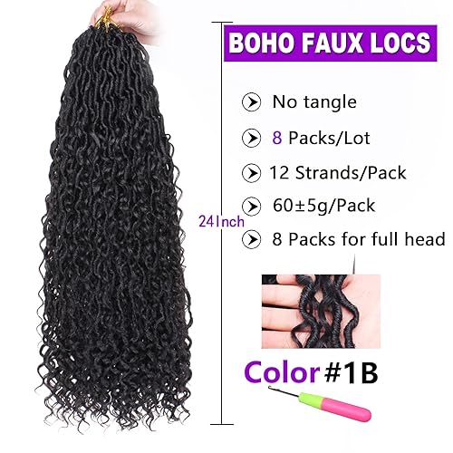 Miniatura 2 de ZRQ 8 paquetes de cabello de ganchillo Goddess Locs de 24 pulgadas de pelo sintético bohemio negro, trenzas bohemias preenlazadas, trenzas bohemias
