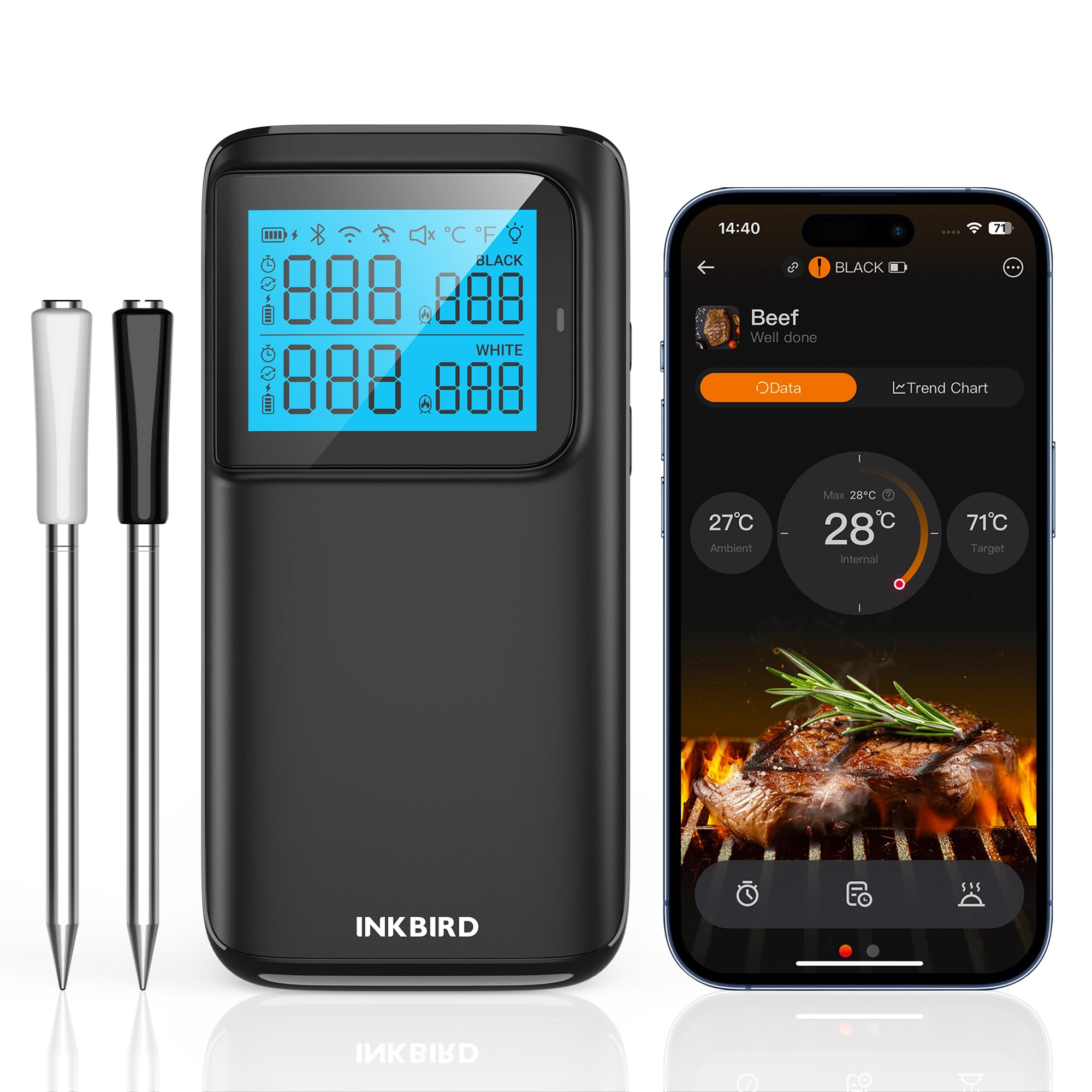 INKBIRD Wireless Dual Mode Multi-Sensor Meat Thermometer INT-12E-BW, WiFi 5G and Bluetooth 5.4 Connection, 2 Probes with 5 Sensors, High and Low Temperature Alarms, CNAS-accredited Accuracy-image-29