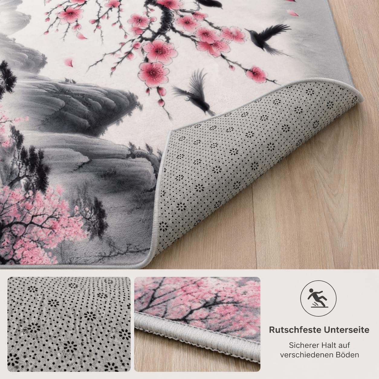 Japan Teppich Wohnzimmer, 3D Kirschblüten Teppich 100 x 150 cm, Waschbarer rutschfest Teppiche für Kinderzimmer Schlafzimmer Deko Antirutschmatte Carpet L988