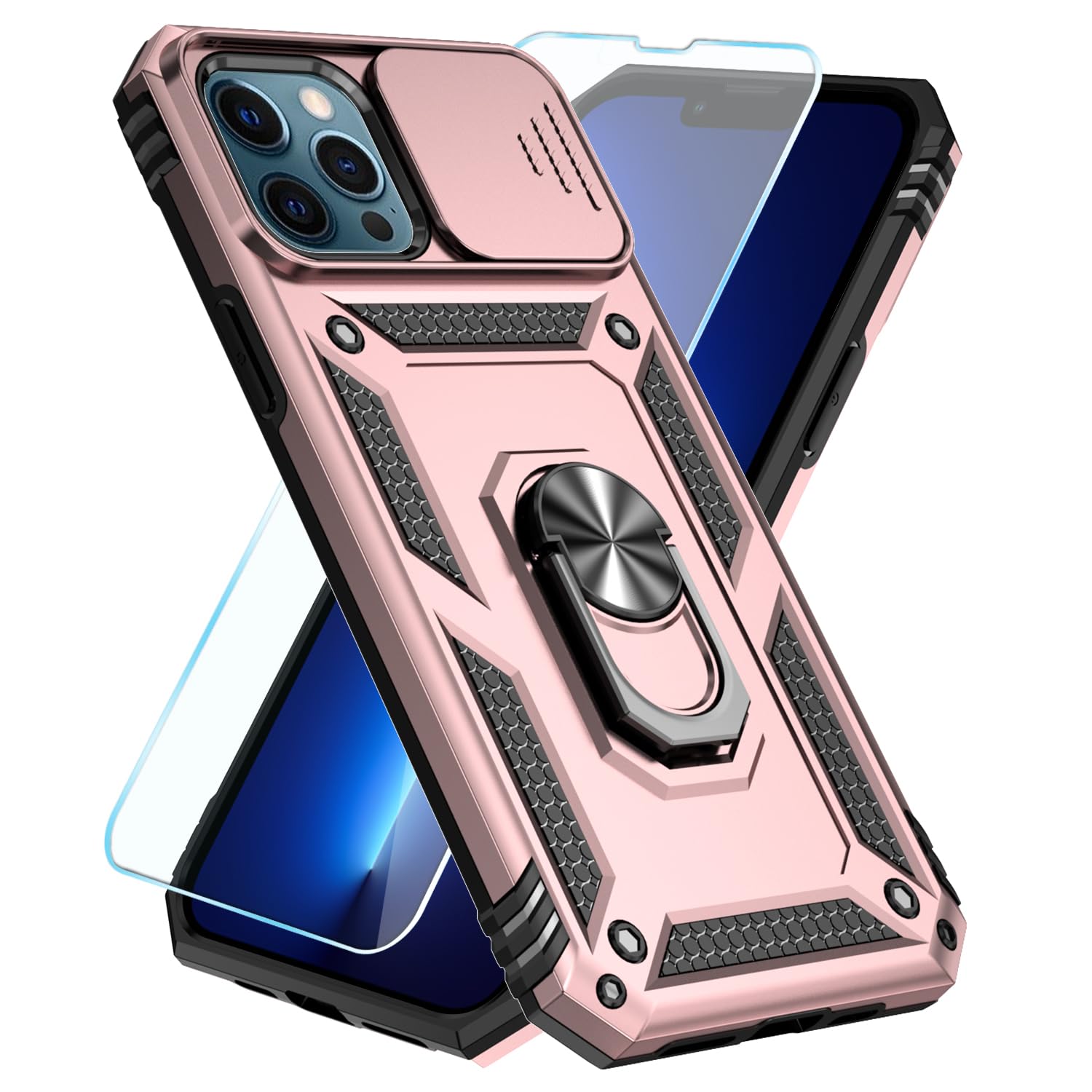 SunStory Custodia per iPhone 13 Pro Max con pellicola protettiva per schermo HD, custodia per fotocamera scorrevole e cavalletto, custodia per iPhone 13 Pro Max [di grado militare] per iPhone 13 Pro