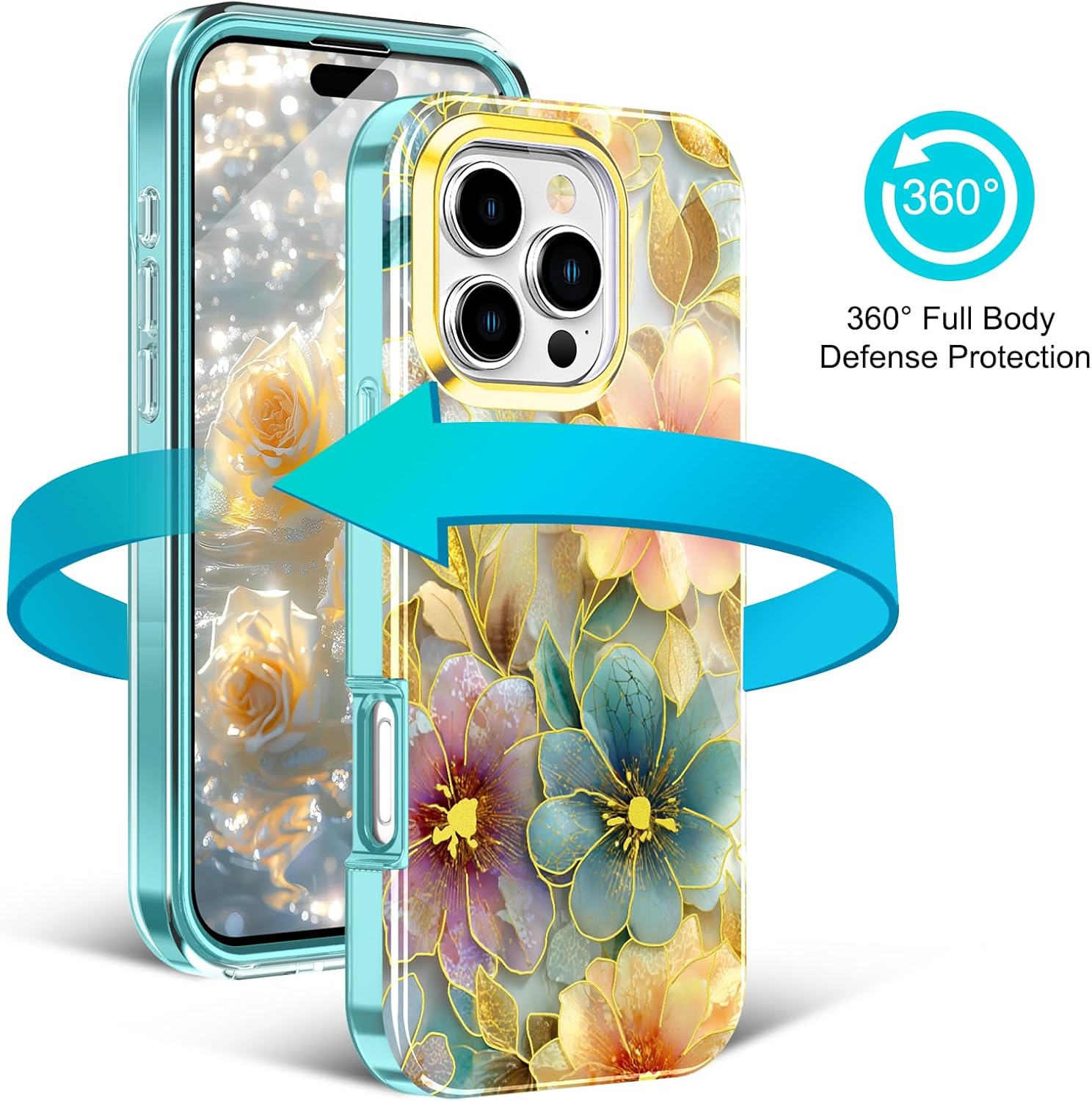 Cute Flower Case for iPhone 16 Pro Max 6.9 inch Built with Screen Protector, Lightweight and Stylish Full Body Shockproof Protective Rugged TPU Case for Women/Girls-Golden Peony Flower