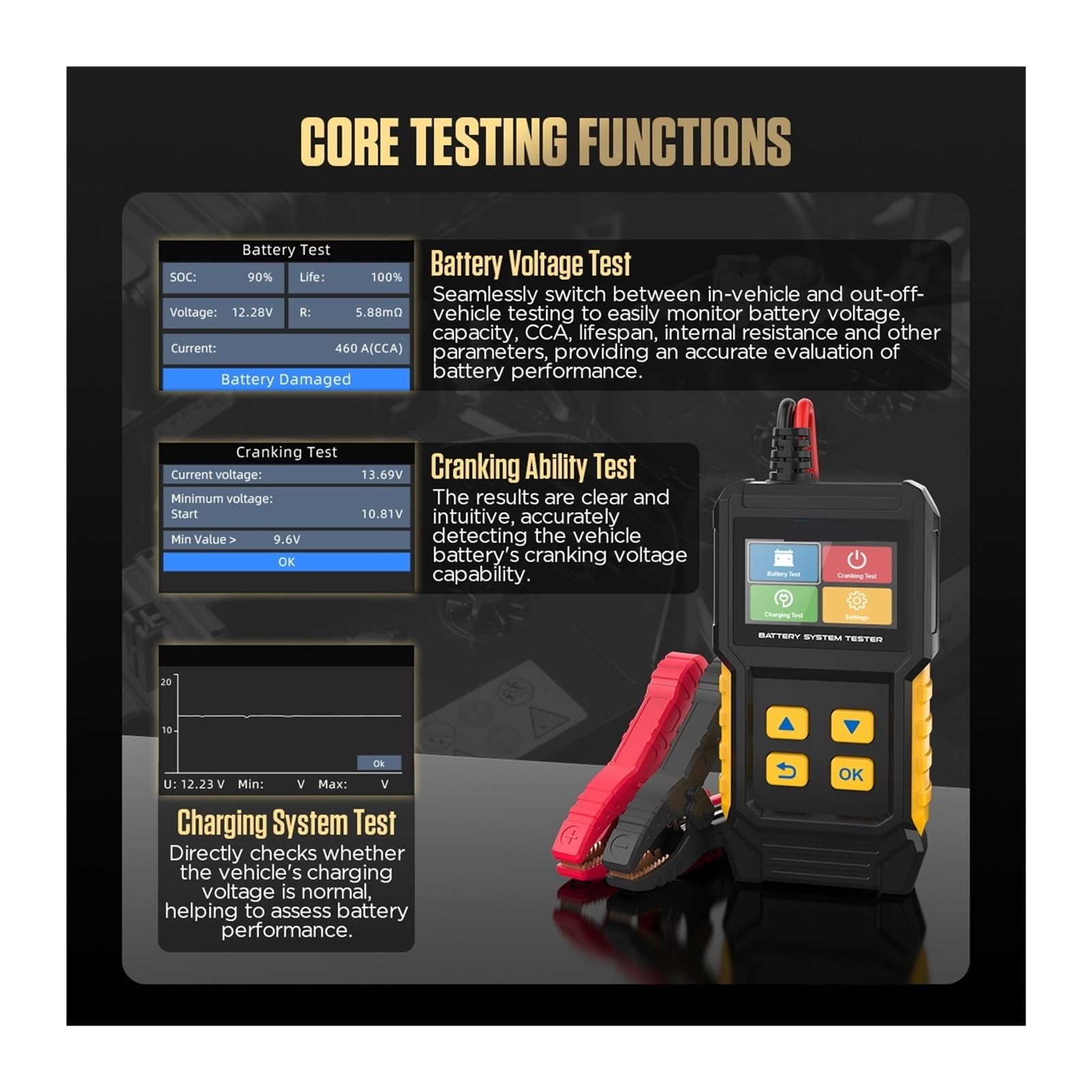 Tester per batterie, Tester for batteria auto BT360 8-29V, analizzatore digitale for test di batteria for auto, strumento di avviamento e carica 30-2000CCA