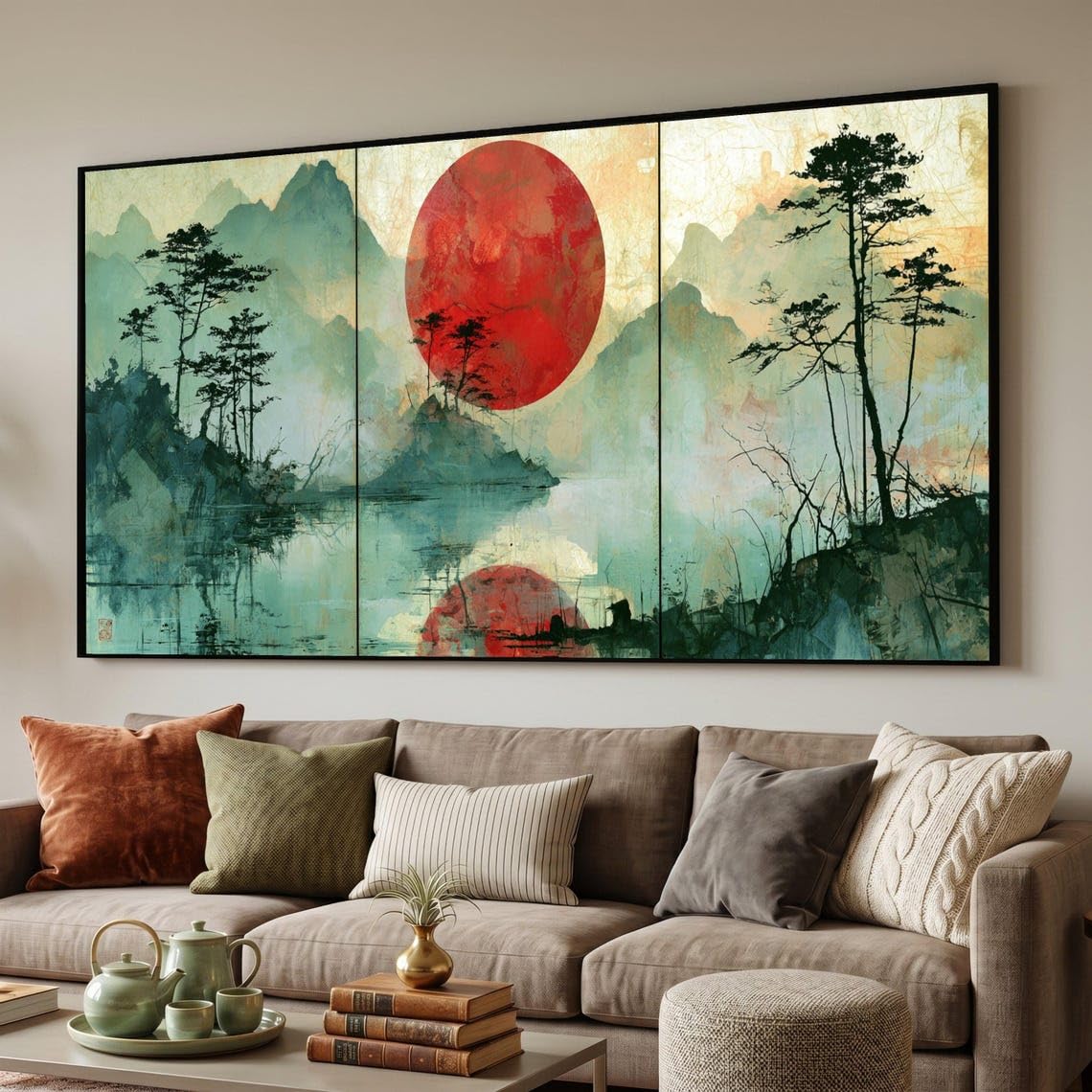 LMYCHENG Stampe su tela vintage di montagna, dipinti di paesaggi, poster con riflessi di sole rosso, arte murale orientale (70x130 cm/senza cornice)