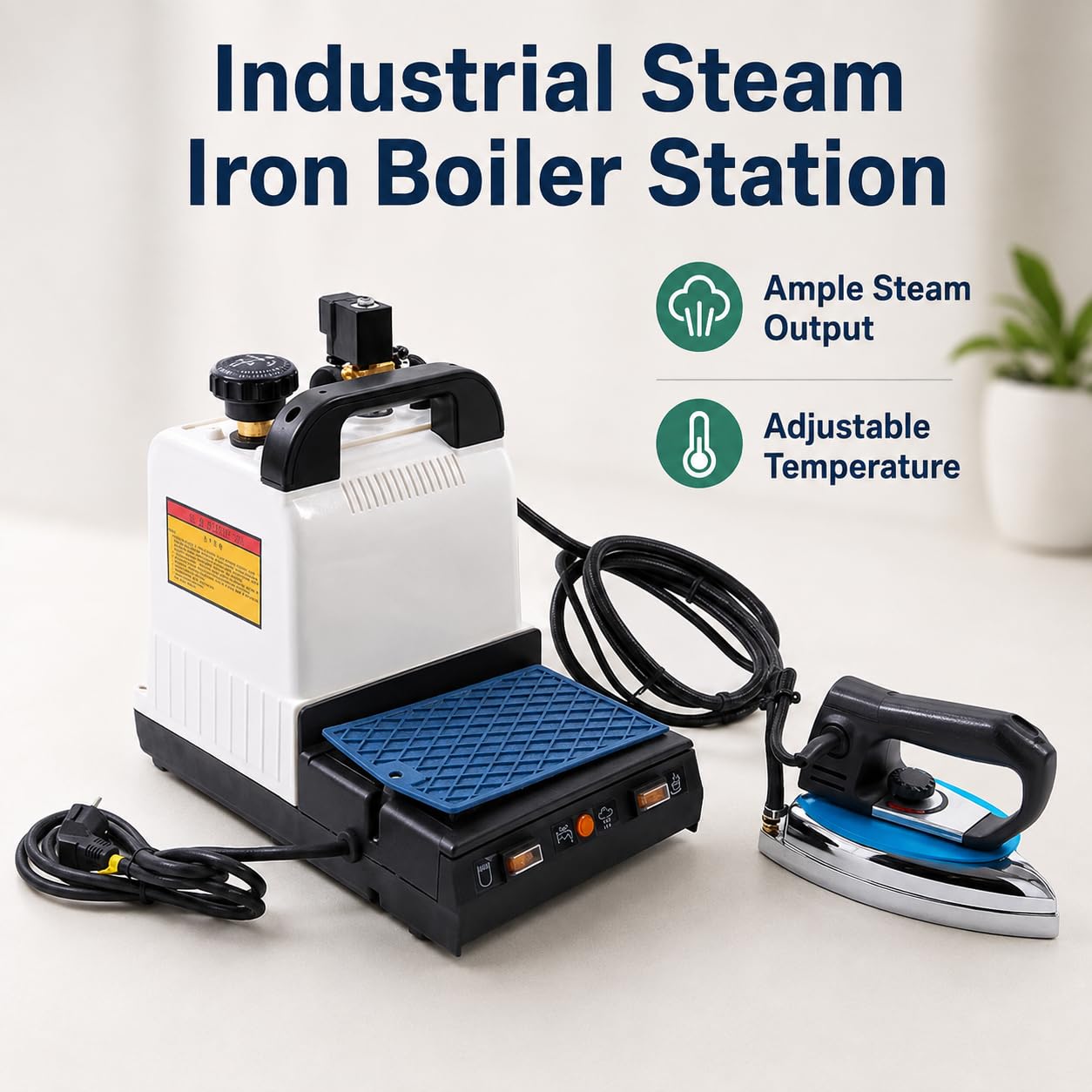 Industrielle Dampfbügeleisen-Kesselstation, 1600 W, 2 l Wassertank | Bis zu 3,5 kg Dampfdruck, 150 °C Dampf, Trocken-/Dampfmodi und Sicherheitskontrollen für kommerzielles Bügeln.
