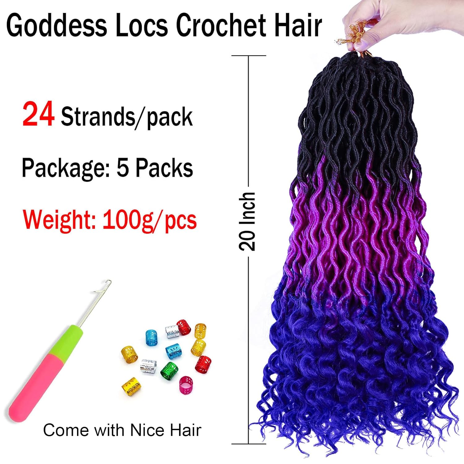 Ms Aloe Ombre Faux Locs Crochet Hair 5Pack（120 Strands）Ombre Purple Blue Faux Locs Crochet Braids Hair Pre Looped Goddess Locs Crochet Curly Hair for Black Women (20inch,1B/Purple/Blue#)