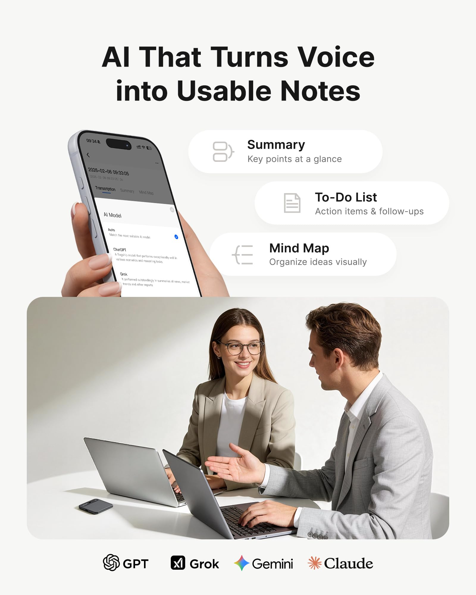 BOYA Notra Registratore Vocale AI con Trascrizione Automatica in 145 Lingue Sommari Intelligenti, Supporto per Registrazione Ambientale, Chiamate, Cuffie Bluetooth, Ideale per Appunti Riunioni, Nero
