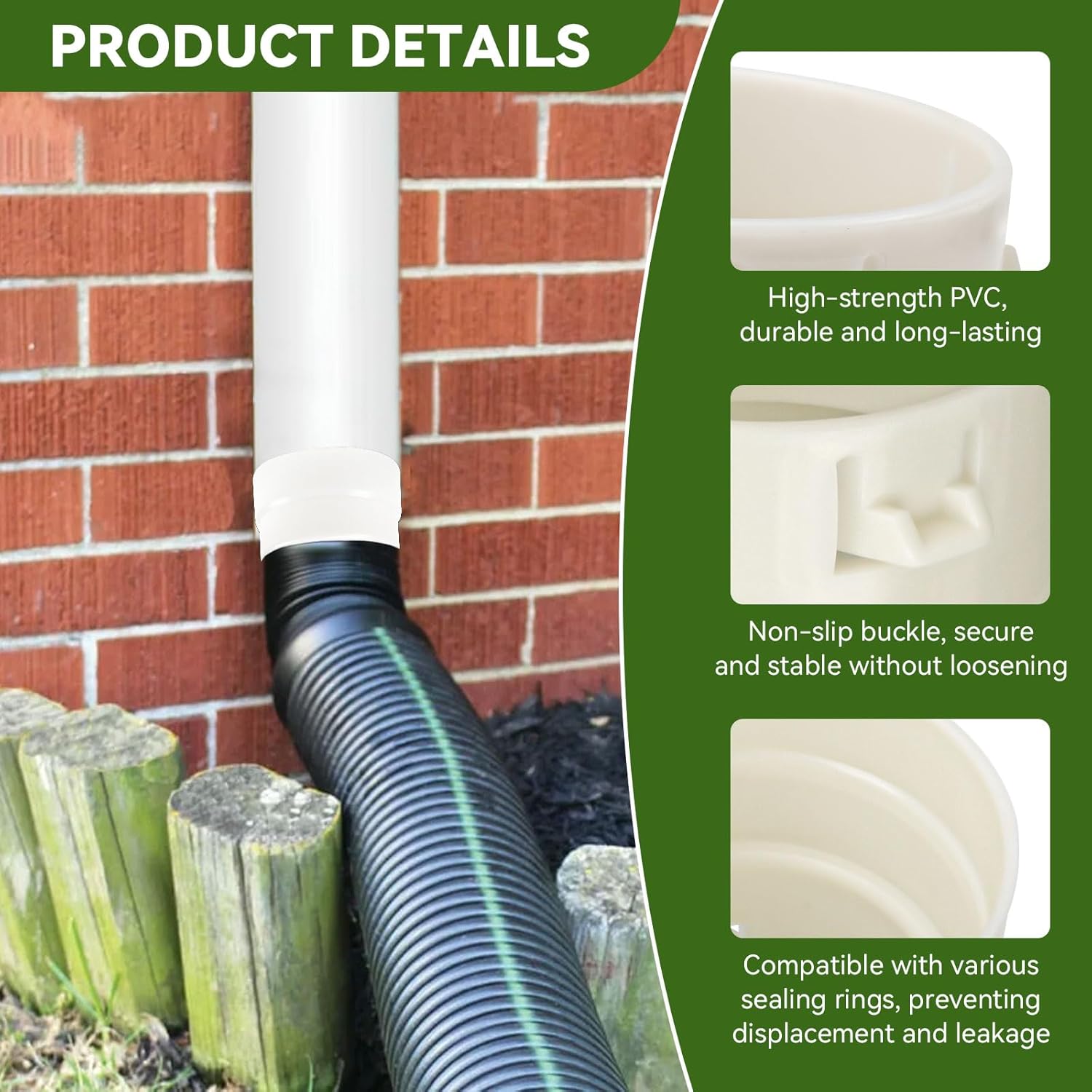 4" PVC to Corrugated Pipe Adapter, Connects 4" Corrugated pipe to 4" SDR 35 or 4" SCH 40, Corrugated Drain Pipe Fittings for Gutter Drainage Systems, Easy to Install