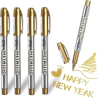 Gold Pen Metallic Marker Pen, 5pcs Drawing Markers Writing Ink Gpld Pens Highlight Marker Pens Glittering Permanent Markers Gloss Wet Shine Effect Art Marker Pens for Painting Card Making (5pcs Gold)