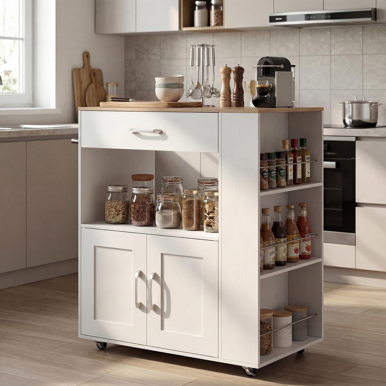 RELAX4LIFE Carrello Cucina Salvaspazio con Ruote PU 38mm, Cassetto e Armadio 2 Ante, 3 Ripiani Portaspezie Laterali, Piano Largo 75x46cm e Sottopiano Aperto per Microonde, Capacità 105kg