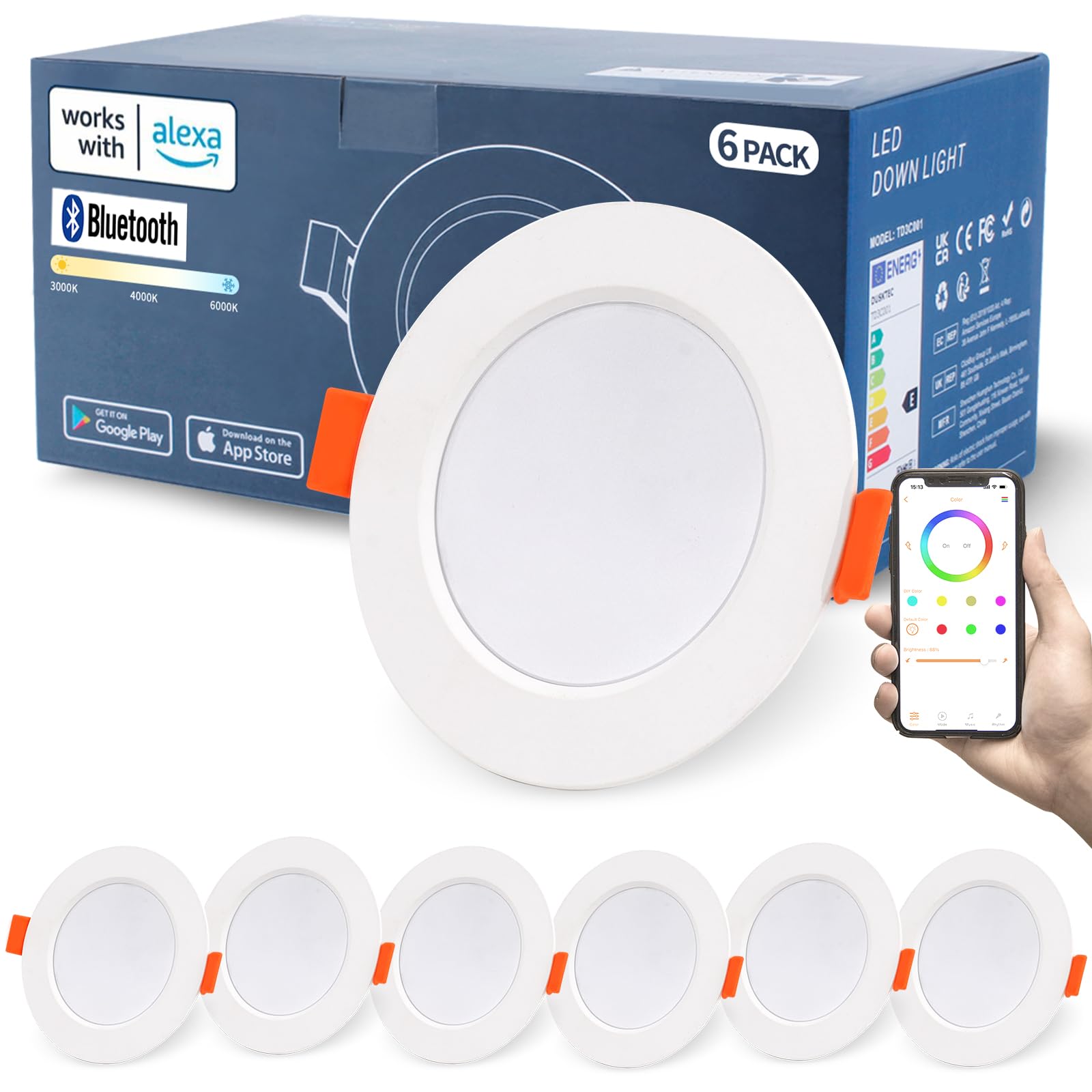 DUSKTEC Alexa Connected Recessed LED Spotlight, 220V LED Spotlight Extra Flat Dimmable White Adjustable 2700K-6000K 10W, Dimmable Bluetooth Recessed Spotlight, Bathroom Lighting - Pack of 6