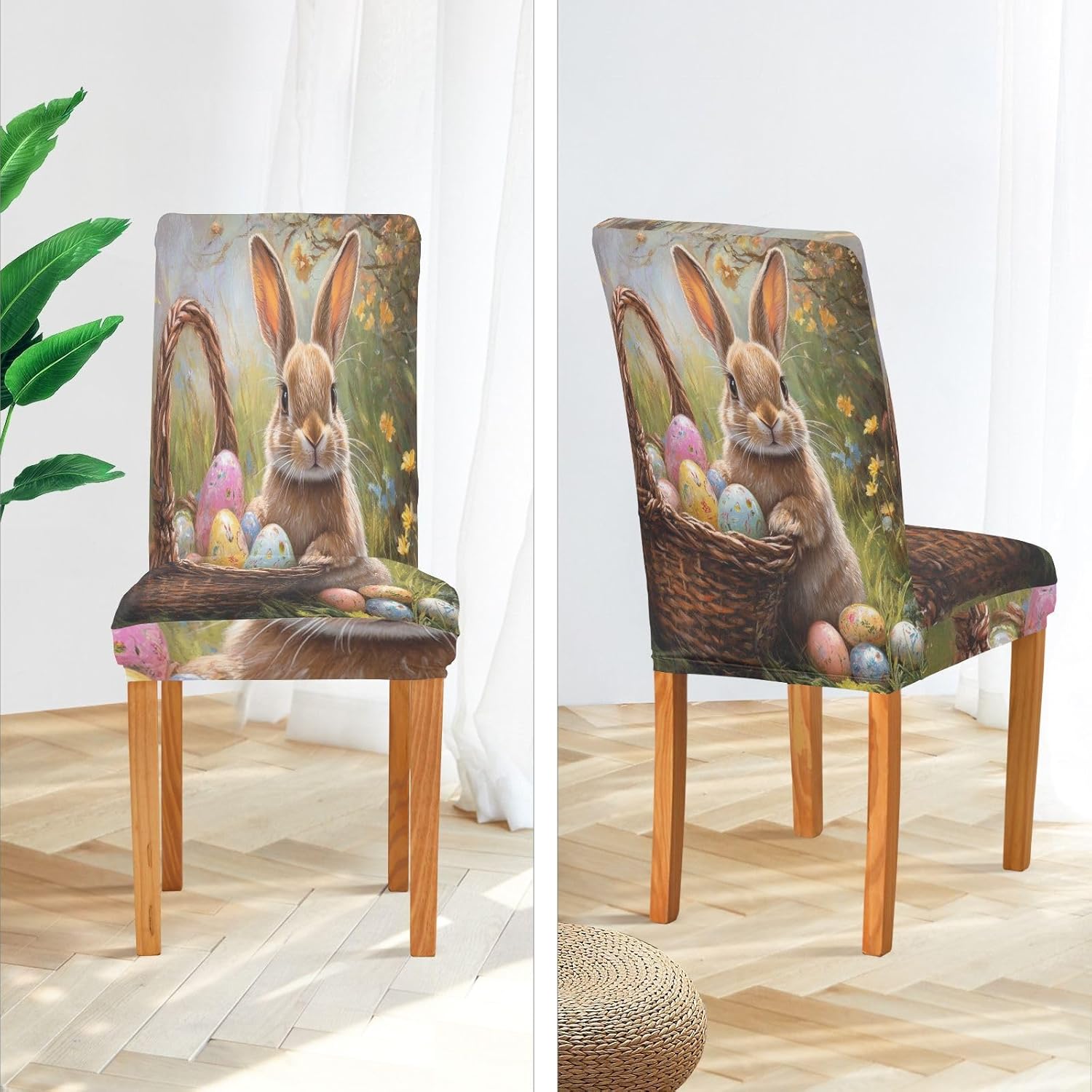 ALAZA Chair Covers for Dining Room, Happy Easter Bunny Eggs Floral Watercolor Stretch Chair Cover Sets Chair Protector Removable Washable for Ktichen Restaurant Hotel