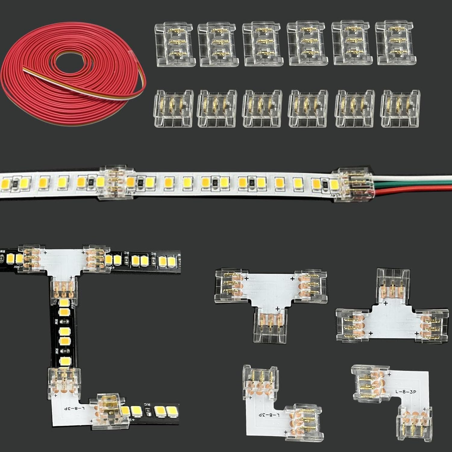 LED Strip Connectors kit for 3-Pin 8mm SMD LED Strip,L-T-Shaped Corner Connectors,Strip to Strip to Wire Connectors for 2835 3528 Non-Waterproof Strip Lights