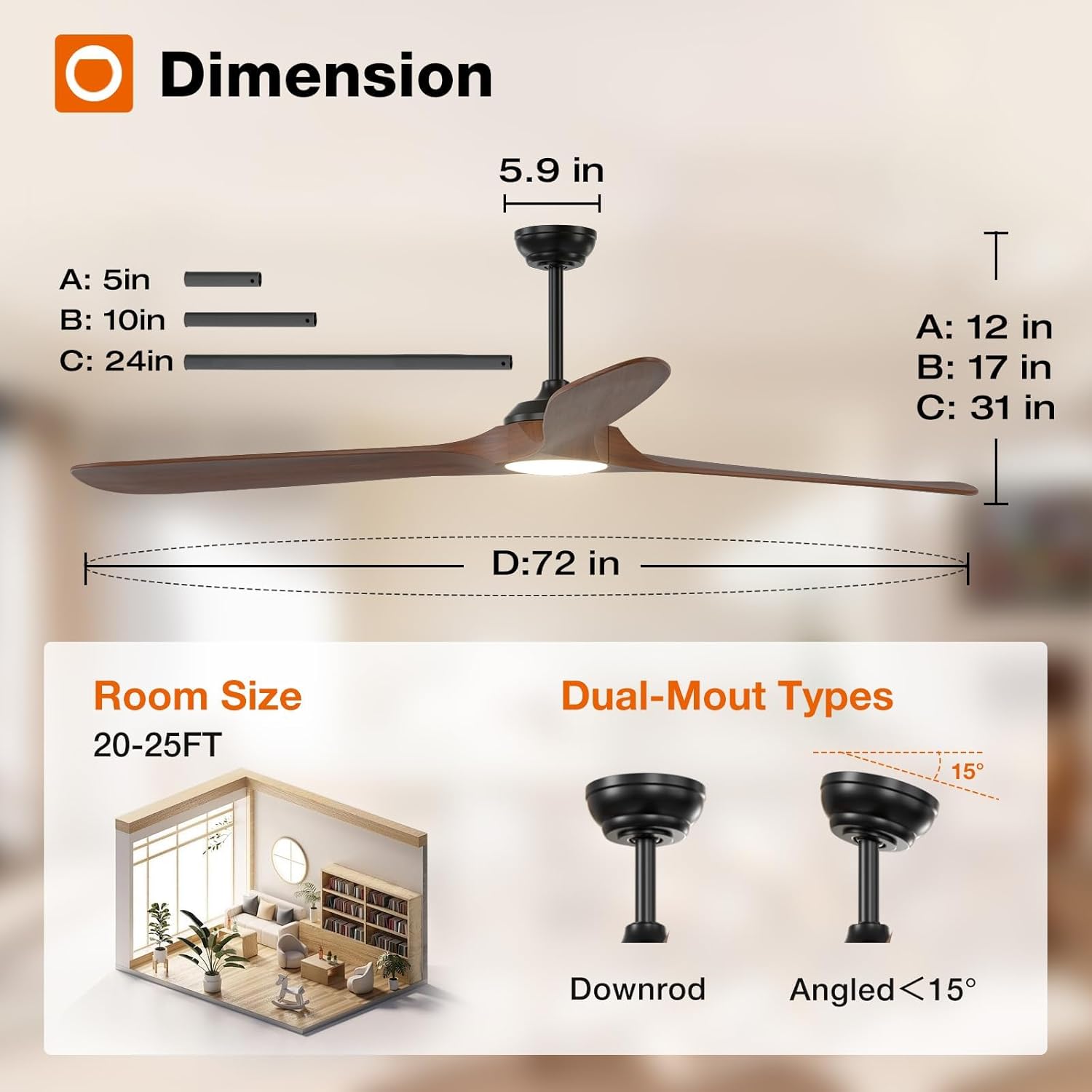 addlon Ceiling Fans with Lights, 72 inch Indoor/Outdoor Ceiling Fan with Remote Control, Reversible, 3 Wood Blades, 6 Speeds, 3CCT Dimmable, Noiseless, Large Ceiling Fan for Patio, gazebo, Farmhouse