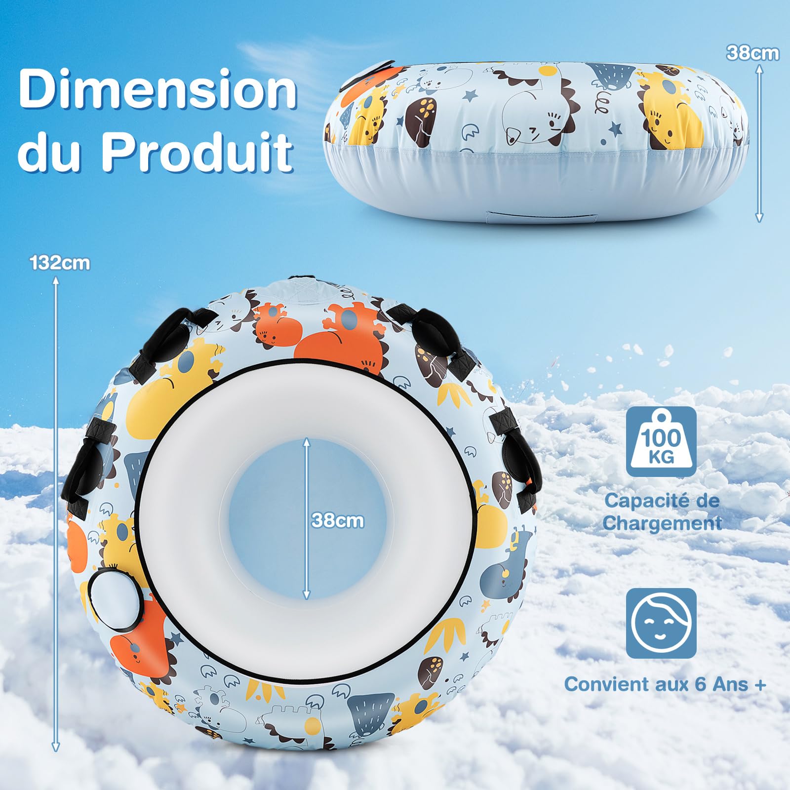GOPLUS - Trineo para nieve hinchable, 132 cm, trineo resistente al frío con funda Oxford, fondo grueso, 4 asas acolchadas, gancho de correa de remolque, trineo inflable para niños y adultos