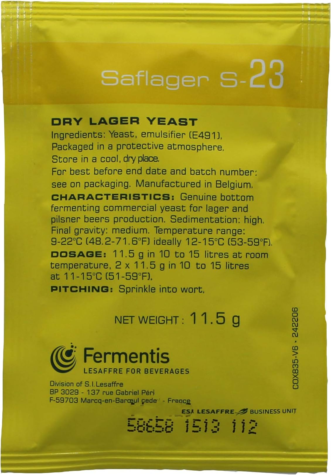 Fermentis TG-HUL9-CIDK Saflager S-23 Dry Yeast - 11.5g