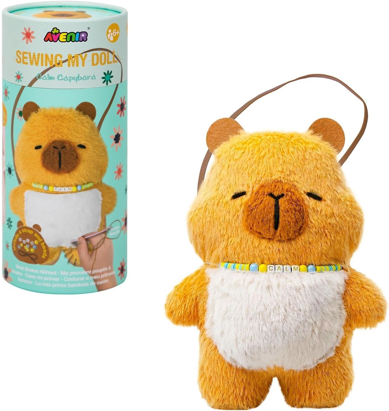 Avenir My First Sewing Kit for Kids Ages 6-8 | Learn to Sew Stuffed Animal with Short Plush, Pocket & Beads | Pre-Punched Fabric | Child-Safe | Gift for Boys Girls (Capybara)