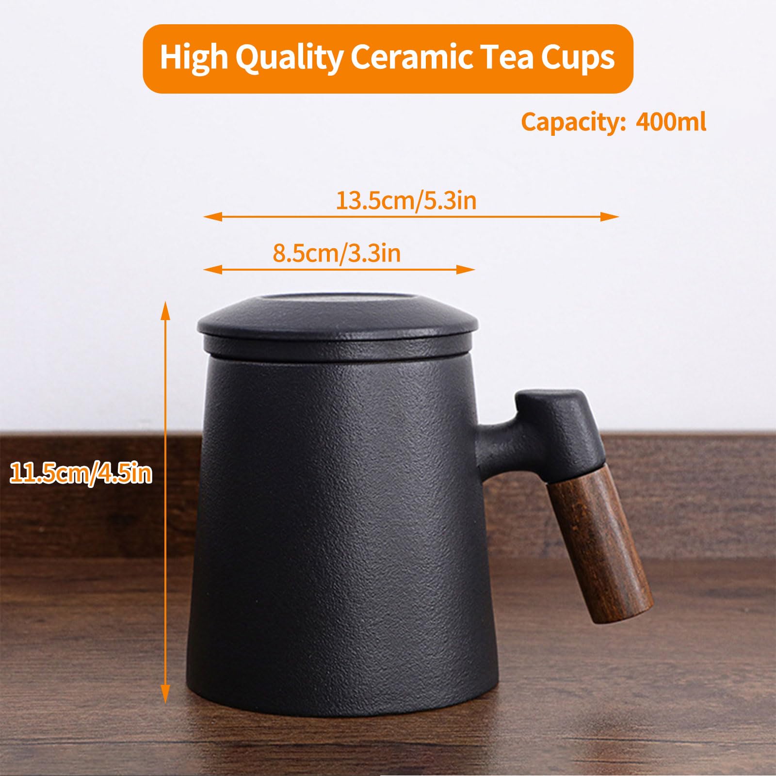 Tazza di Ceramica con Filtro e Coperchio, Tazze da Te con Infusore e Colino 400ml Grande, Tazzine da The con Manico Legno perfetto per La Preparazione di tè Sciolto, Regalo Tazza per Tisana Infusi