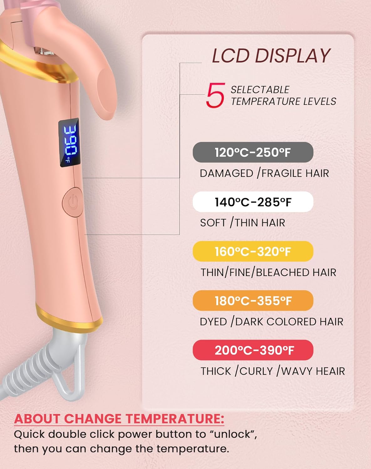 Ukliss Mini Curling Iron for Short Hair, Creates Perfect Tight Ringlets & Bangs, Fast Heat 30s, 5 Temp Settings, Dual Voltage, Auto Shut-Off & Anti-Scald Tip, Travel Friendly (Pink, 1/2 inch) - Image 4