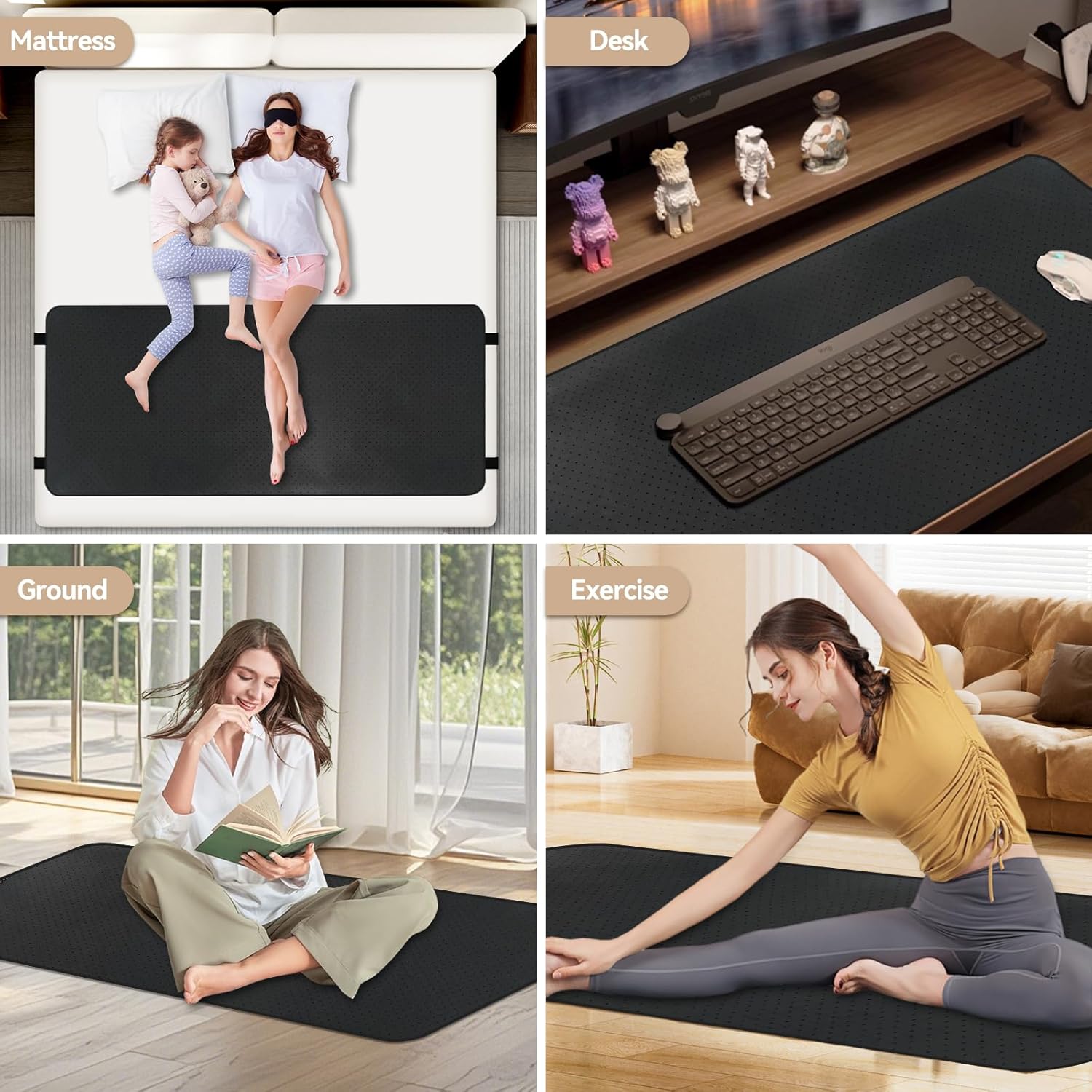 Grounding Sheets, Grounding Mat for Bed, Improve Sleep Quality, Relieve Stress, Anti-Static Mat Suitable on Bed (Black, King - 76" x 27")