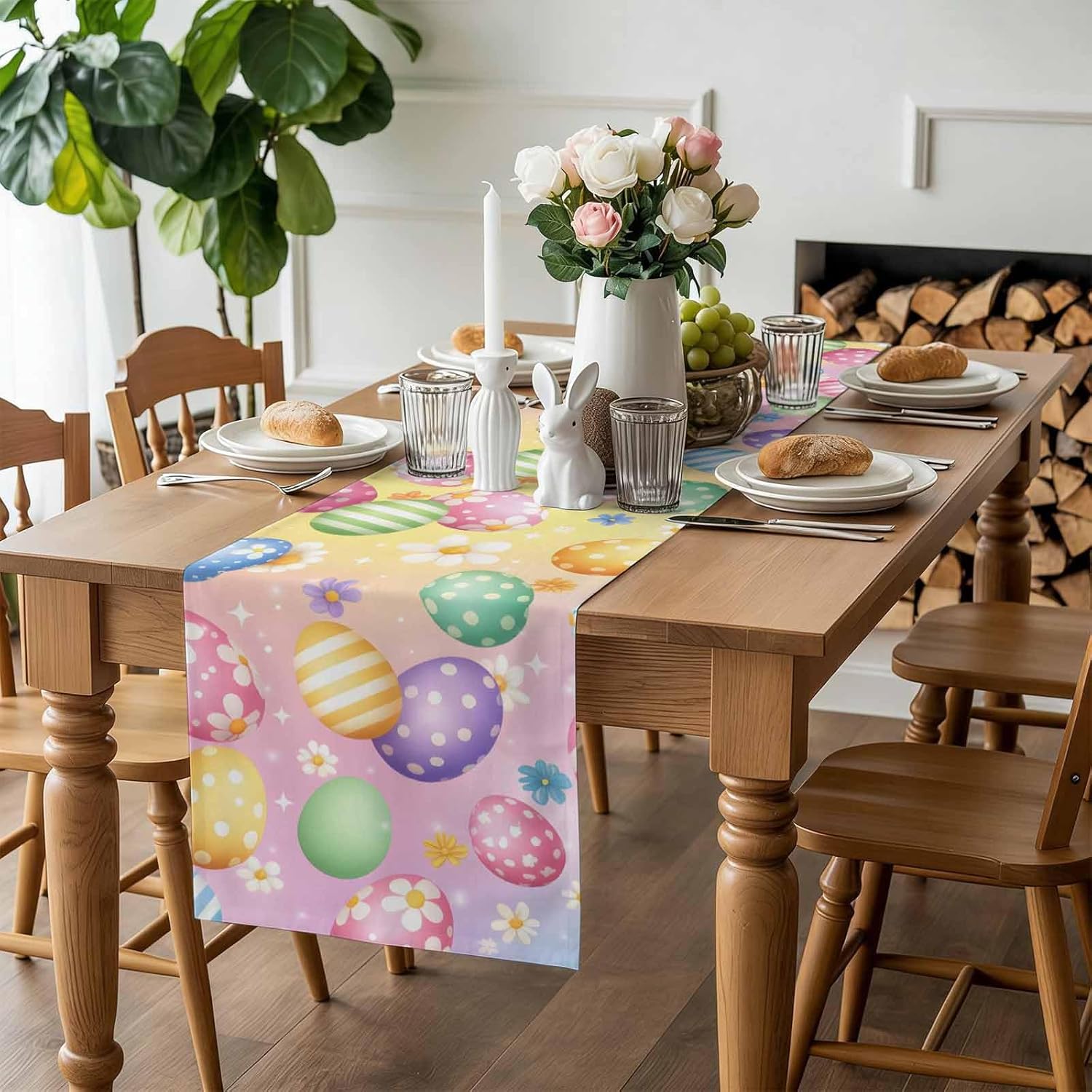 Easter Colorful Eggs Table Runners 108 inches Long, Spring Flowers Cotton Linen Kitchen Dining Table Decoration for Wedding/Party/Coffee/Indoor Outdoor Use, Stripe Polka Dots