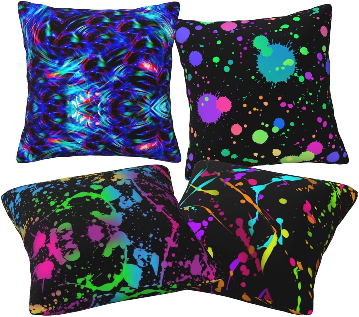 Glow in Dark Splatter Neon Set of 4 Throw Pillow Covers Square Pillowcase Home Decor for Couch Sofa Bed, Double-Sided Pattern 18x18 Inches