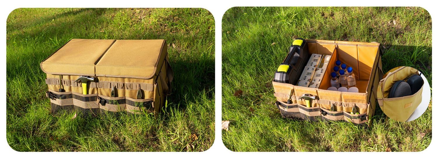 Großer 70 l SUV-Kofferraum-Organizer, Kofferraum-Organizer mit Deckel, faltbare Cargo-Aufbewahrungsbox, braun, 4 Fächer mit Griff, universell für Auto, Limousine, LKW, Camping