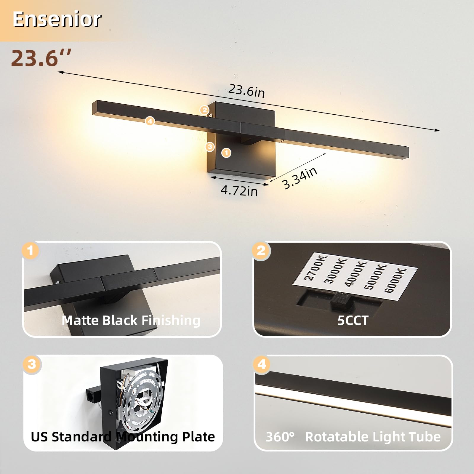 Moderne Badezimmerleuchte, gebürstetes Schwarz, 61 cm, 16 W, Wand-Waschtischlampe über Spiegel, dimmbar, 5 CCT LED-Wandleuchte für Schlafzimmerschränke