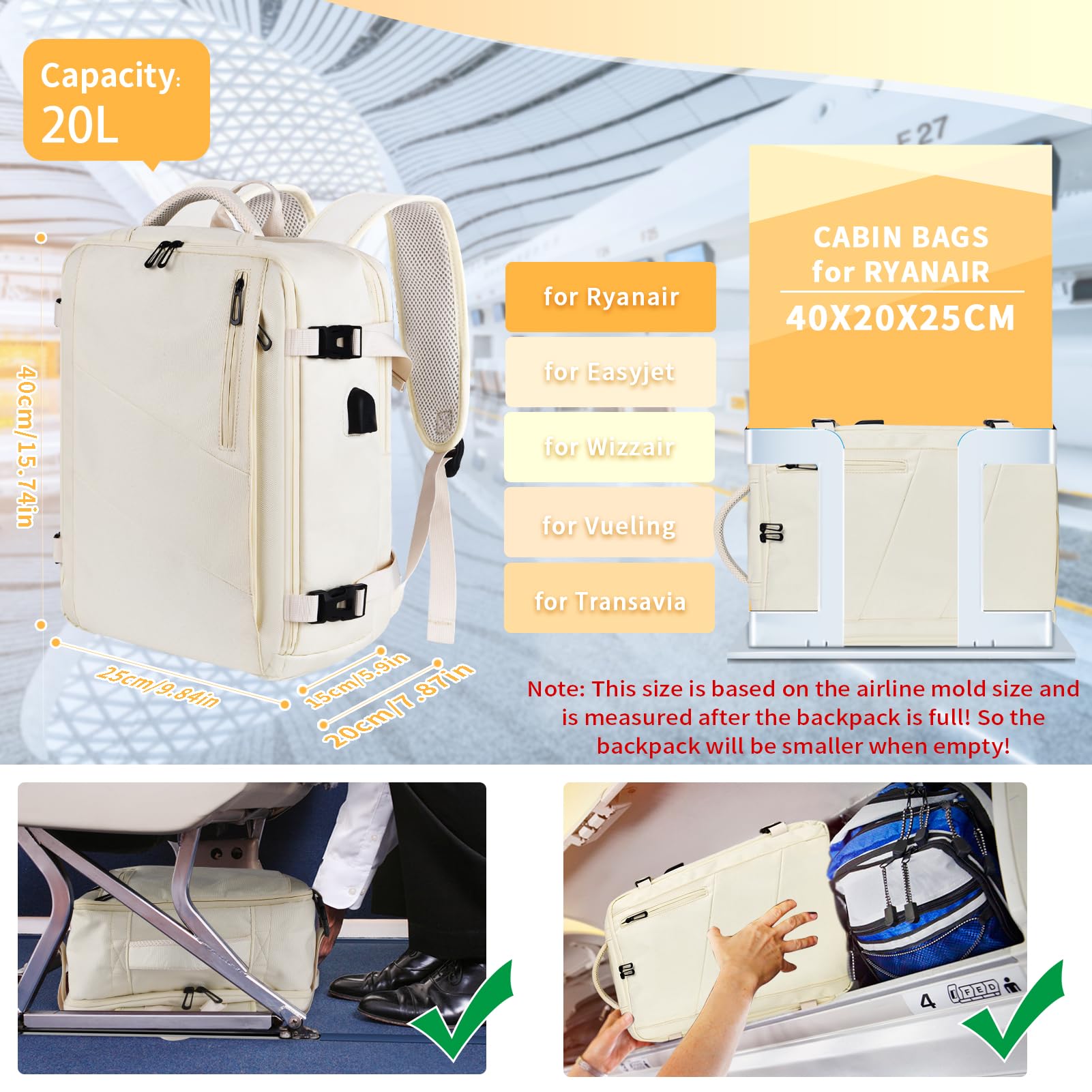 Leyrica Zaino da Viaggio per Ryanair/Wizzair 40x20x25 Bagaglio a Mano Unisex Borse da Cabina Zaino per Laptop 15 pollici Daypack Casual Zaino Università/Lavoro Impermeabile. (Beige)