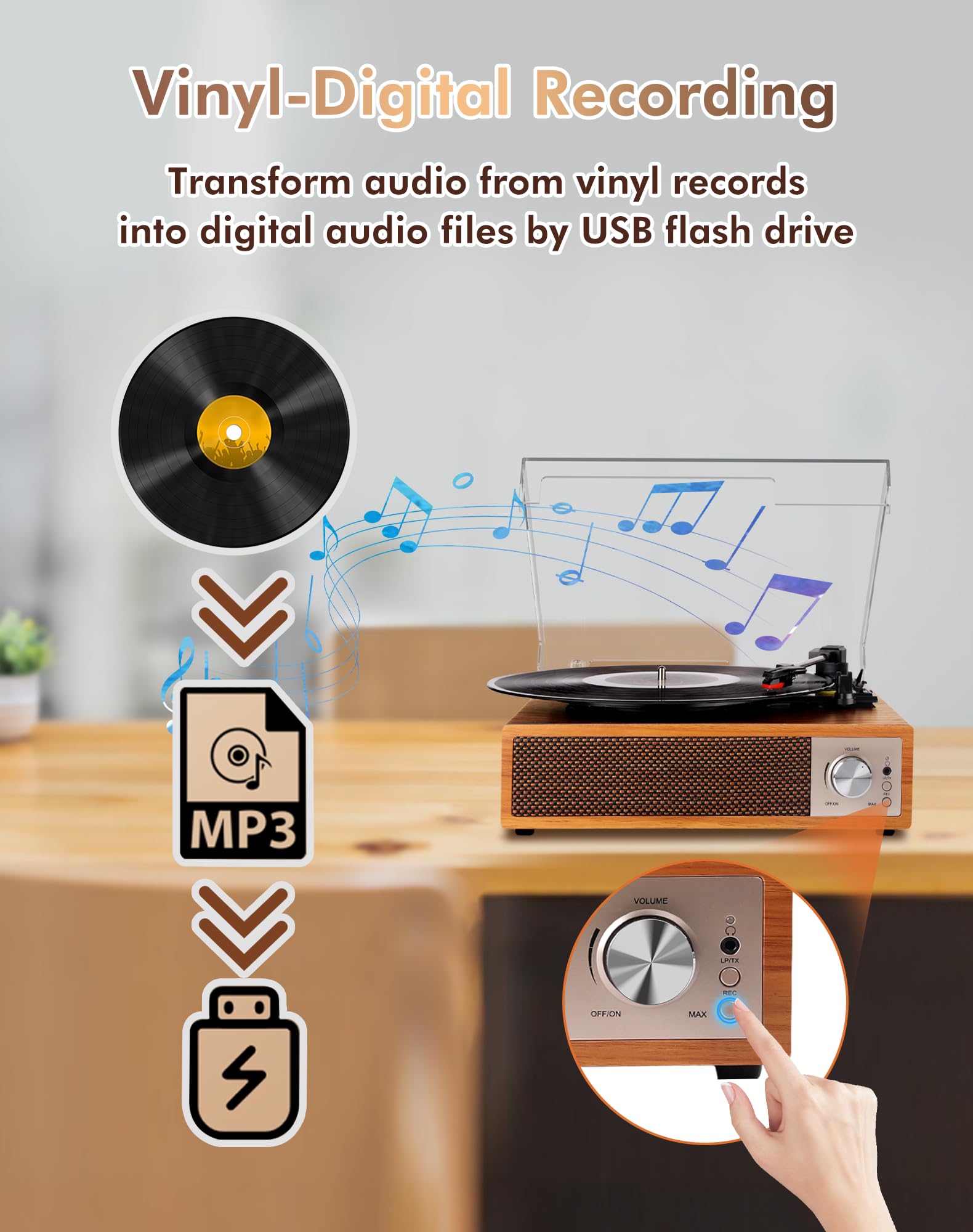 Gramofon winylowy Bluetooth 5.4 z wbudowanymi głośnikami, Vintage gramofon z funkcją nagrywania USB, wyjście RCA/AUX/USB/słuchawki, odtwarzacz winylowy 33/45/78 RPM do domu i prezentów