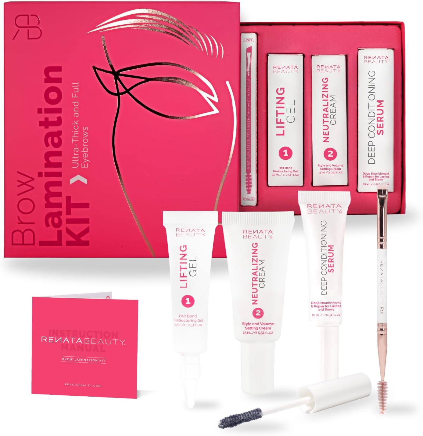 RB RENATA BEAUTY Eyebrow Lamination Kit – DIY Brow Lamination Set with Lifting Brow Gel, Perm, Serum and Dual Brow Brush – Brow Lift Kit for Fuller and Longer Eyebrows Up to 4 Weeks