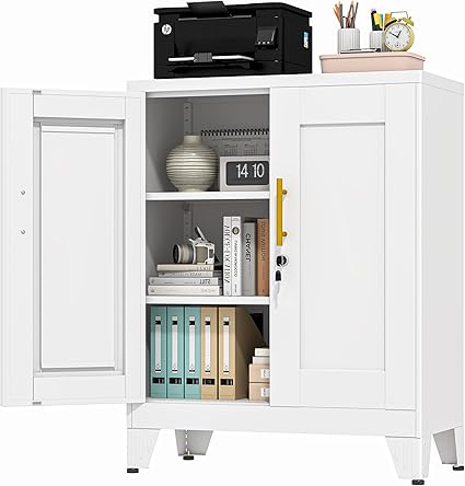 White Metal Storage Cabinet, 36" Tall Locking Storage Cabinet with 2 Adjustable Shelves, Steel Locker Organizer, for Office, Home, School