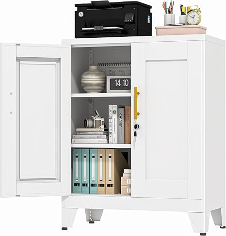 White Metal Storage Cabinet, 36" Tall Locking Storage Cabinet with 2 Adjustable Shelves, Steel Locker Organizer, for Office, Home, School