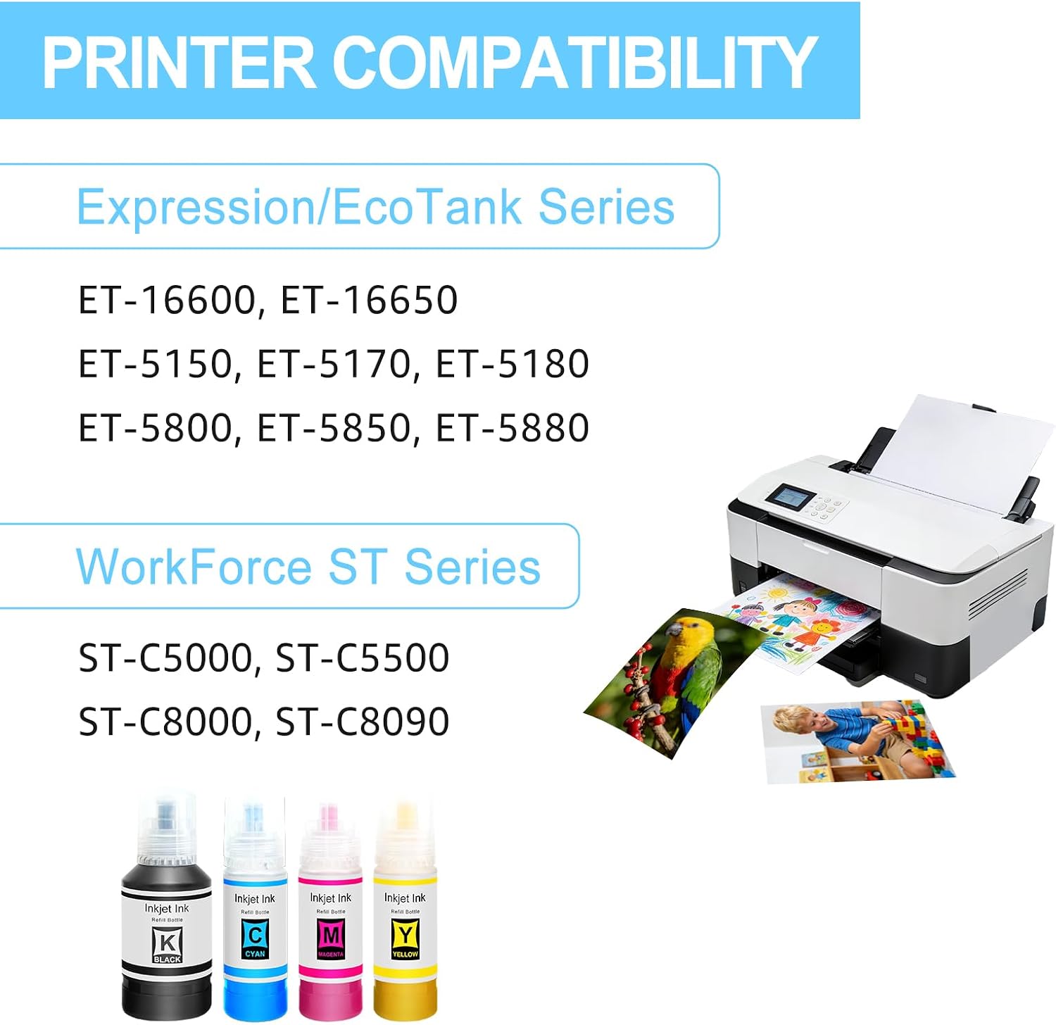 Replacement for 542 Ink Bottle Combo Pack High Capacity (130ml-Black & 70ml-Color, 4 Pack) Fit for ET & ST Series Printer-ET-5150/5170/5180/5800/5850/5880/16600/16650, ST-C8000/C8090/C5000/C5500