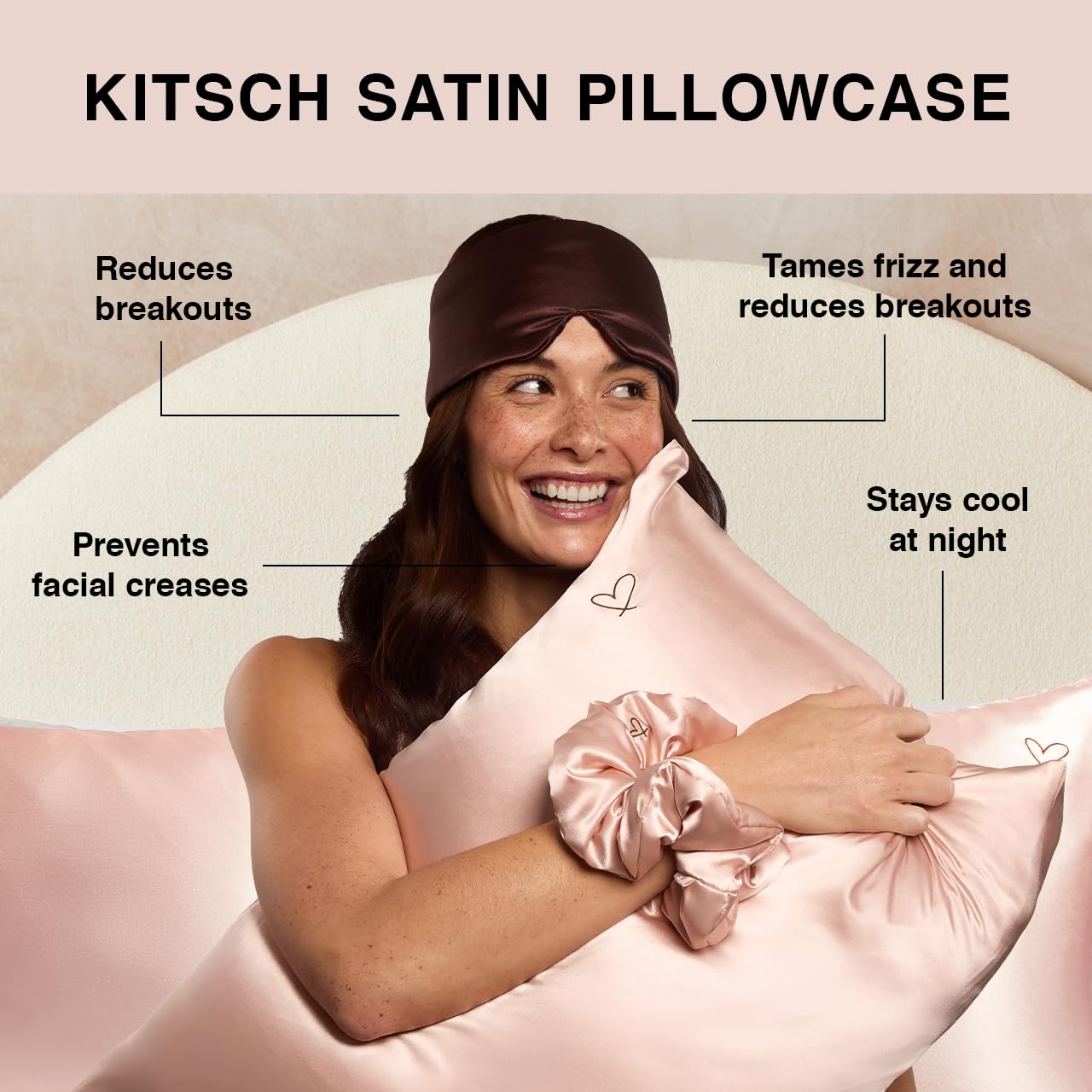Kitsch Night time Renewal 3PC Sleep Set - Satin Pillowcase with Zipper for Hair & Skin - Softer Than Silk, Queen/Standard Size with Satin Pillow Scrunchie No-Damage Hair Tie and Satin Pillow Eye Mask